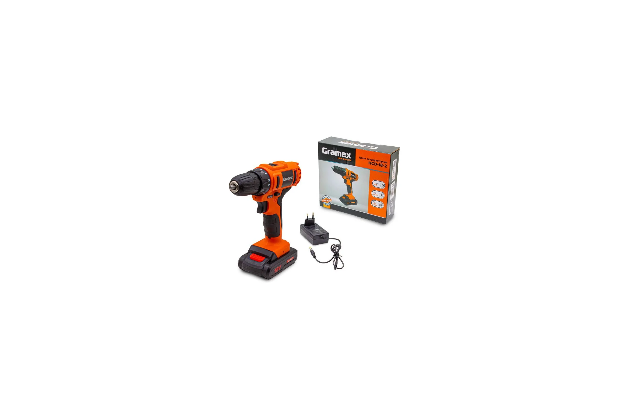 Дрель аккумуляторная Gramex HCD-18-2 (18В, пат-10мм, 2 скорости, аккум Li-Ion 2,0 А/ч) картон, 1 акк (1/10) 018146