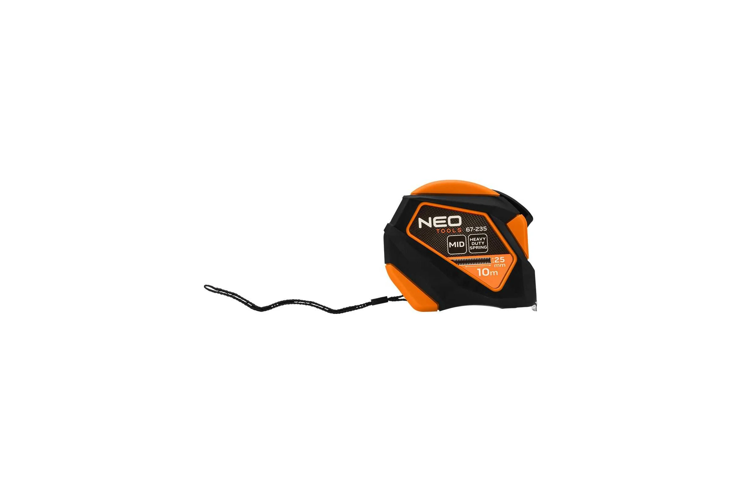 Стальная рулетка NEO TOOLS 10 м, 25 мм, обрезиненный корпус, автоблокировка, кнопка остановки, магнит 67-235
