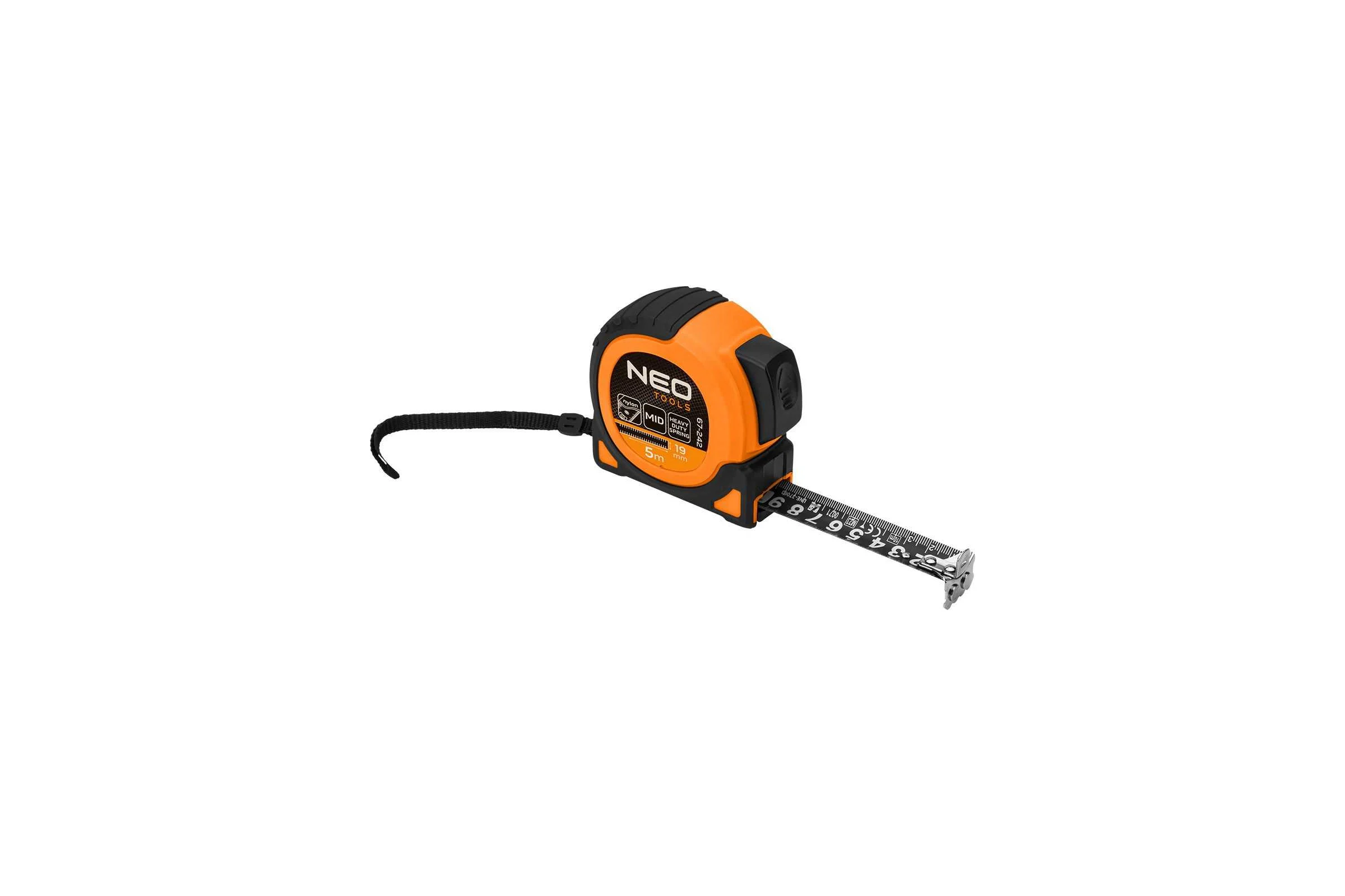 Стальная рулетка NEO TOOLS Super Black 5 м, 19 мм, автоблокировка, две кнопки остановки, магнит 67-242