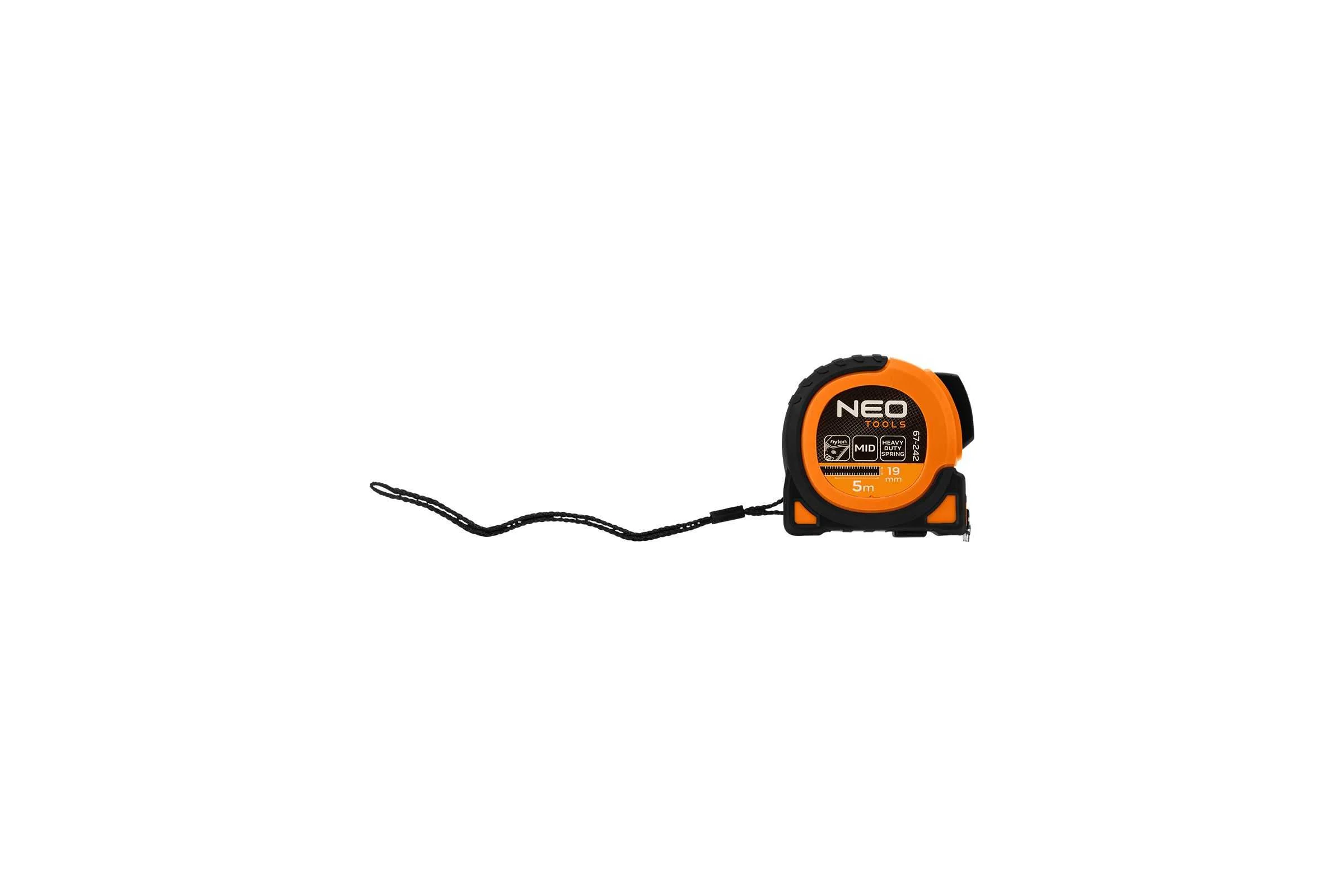 Стальная рулетка NEO TOOLS Super Black 5 м, 19 мм, автоблокировка, две кнопки остановки, магнит 67-242
