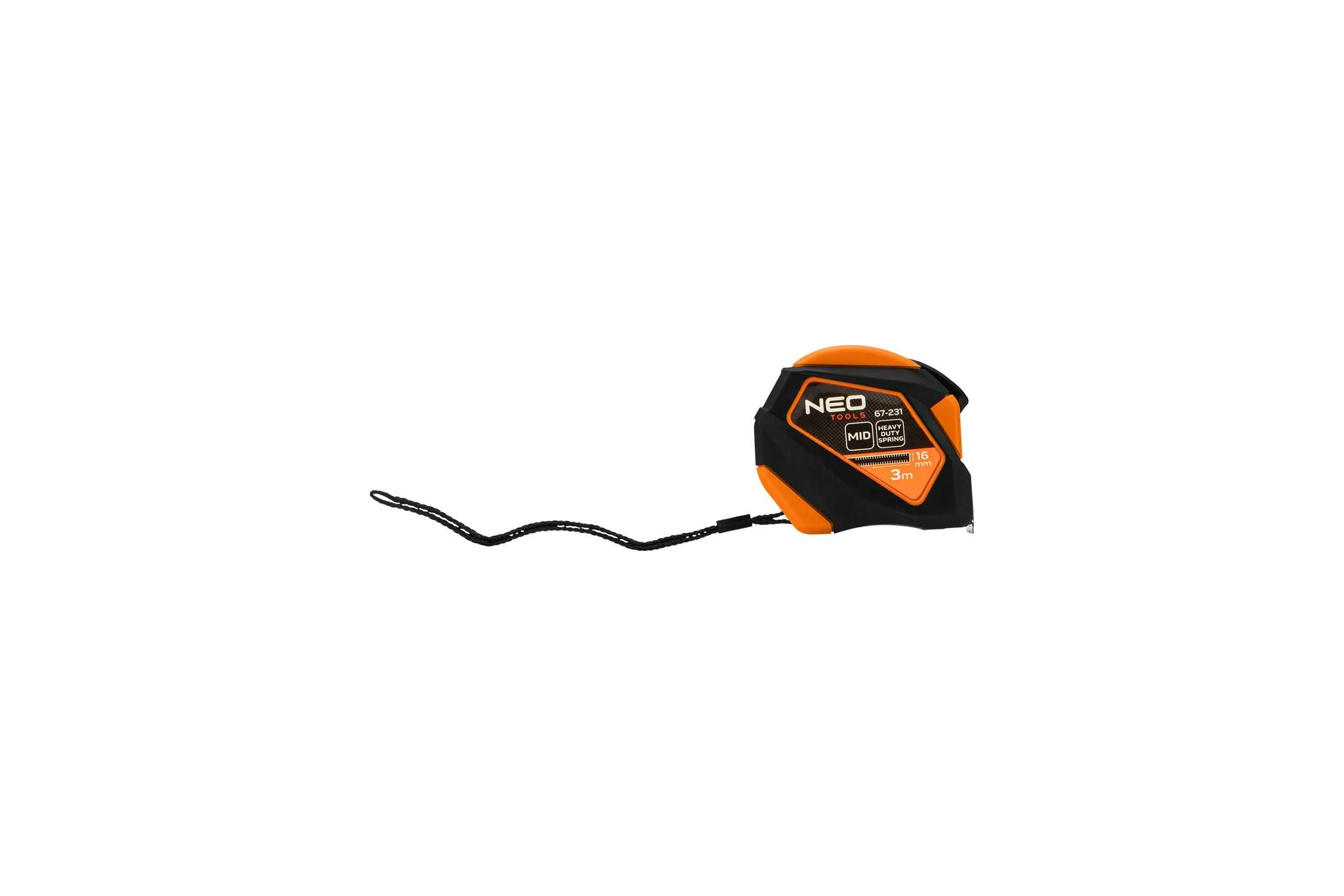 Стальная рулетка NEO TOOLS 3 м, 16 мм, автоблокировка, кнопка остановки, магнит 67-231