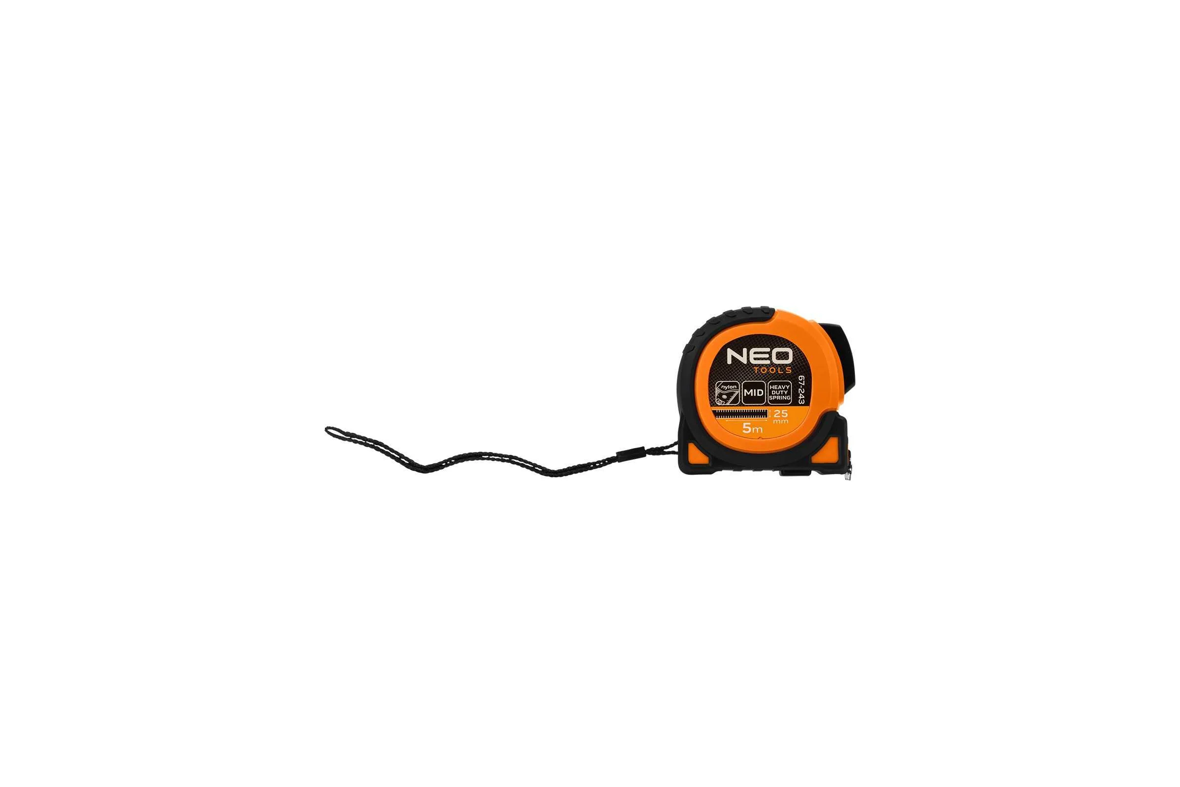 Стальная рулетка NEO TOOLS Super Black 5 м, 25 мм, автоблокировка, две кнопки остановки, магнит 67-243