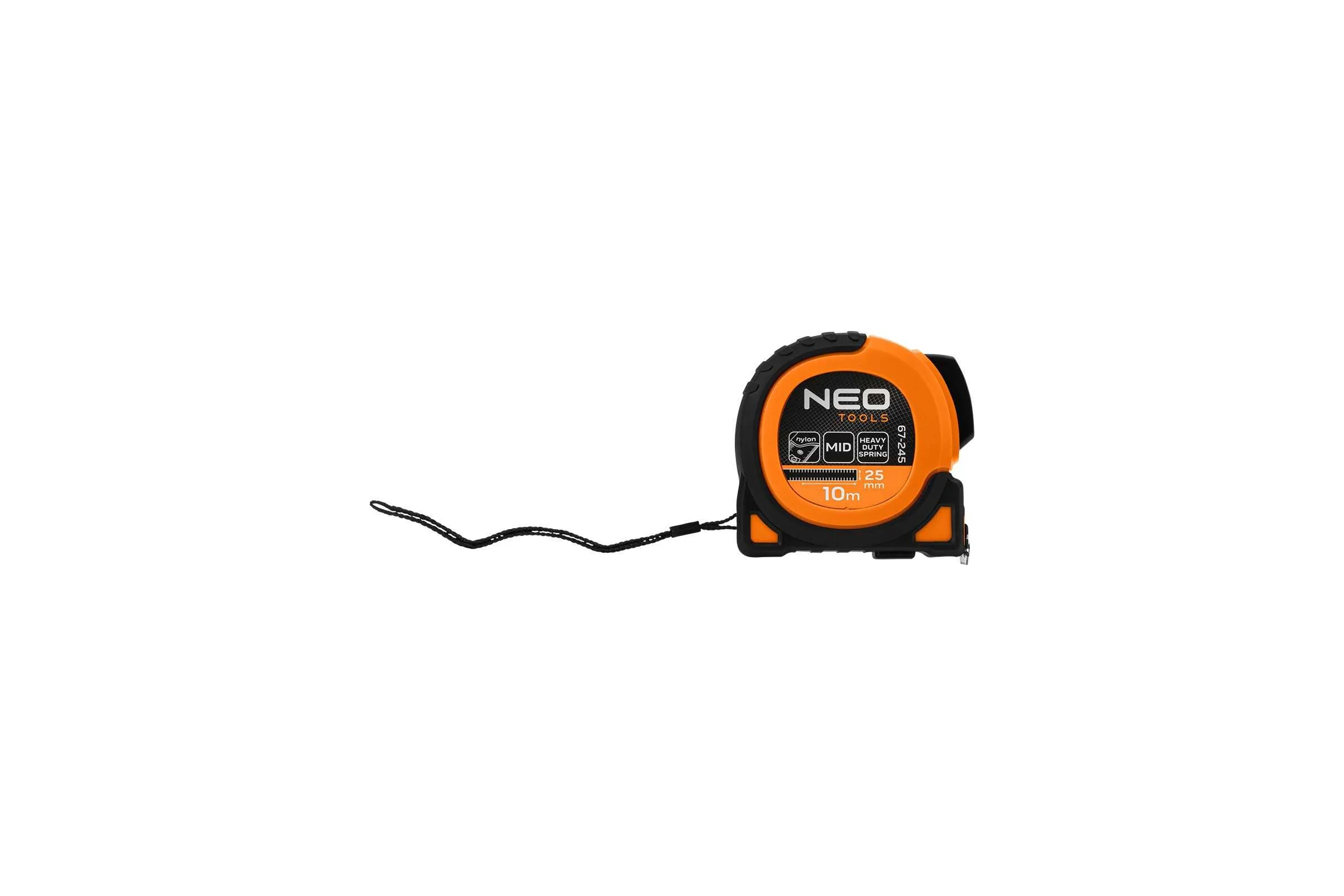 Стальная рулетка NEO TOOLS Super Black 10 м, 25 мм, автоматическая блокировка, две кнопки остановки, магнит 67-245