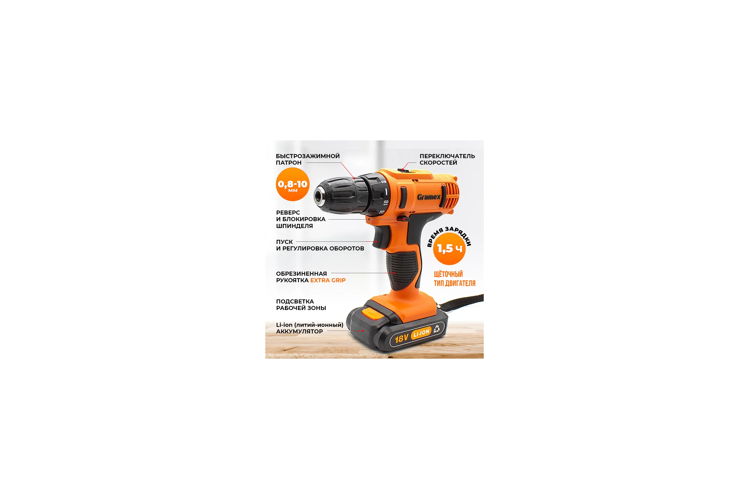Дрель аккумуляторная Gramex HCD-18-2L (18В, пат-10мм, 2 скорости, аккум Li-Ion 2,0 А/ч) кейс, 2 акк (1/5) 4194