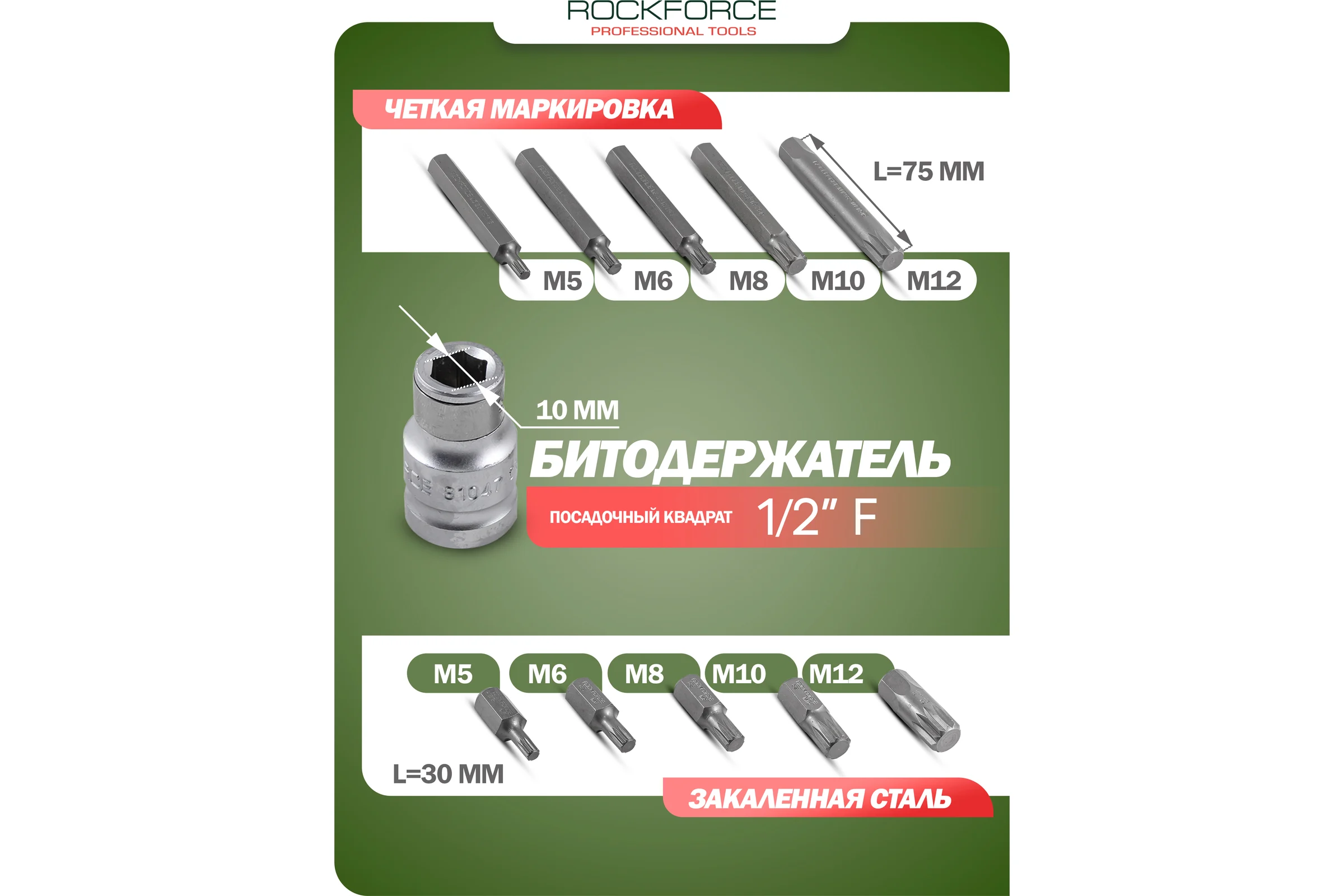 Набор бит SPLINE с битодержателем, 11 предметов, 1/2"DR? в пластиковом кейсе Rockforce RF-4112C(27212)