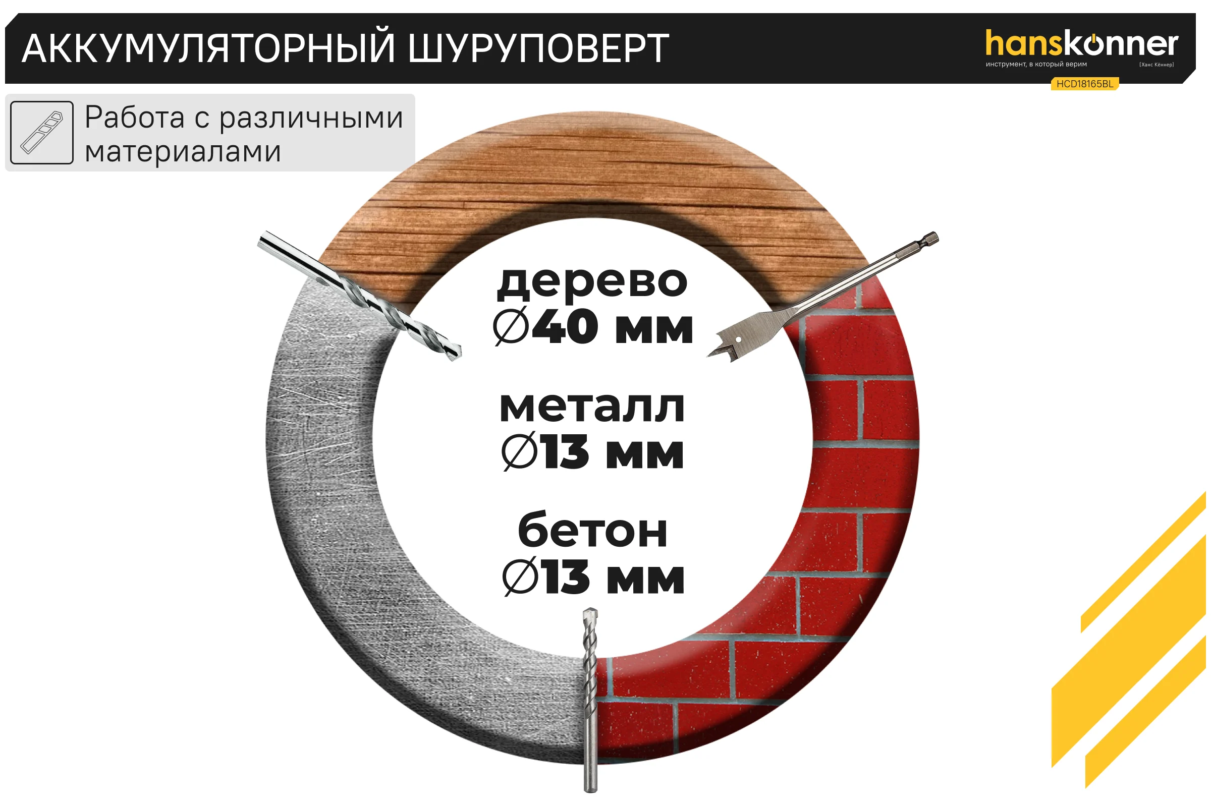 Аккумуляторная дрель Hanskonner б/щ удар PLATINUM, 18В, 1BatterySystem, 165 Нм,13 мм, без АКБ и ЗУ HCD18165BL