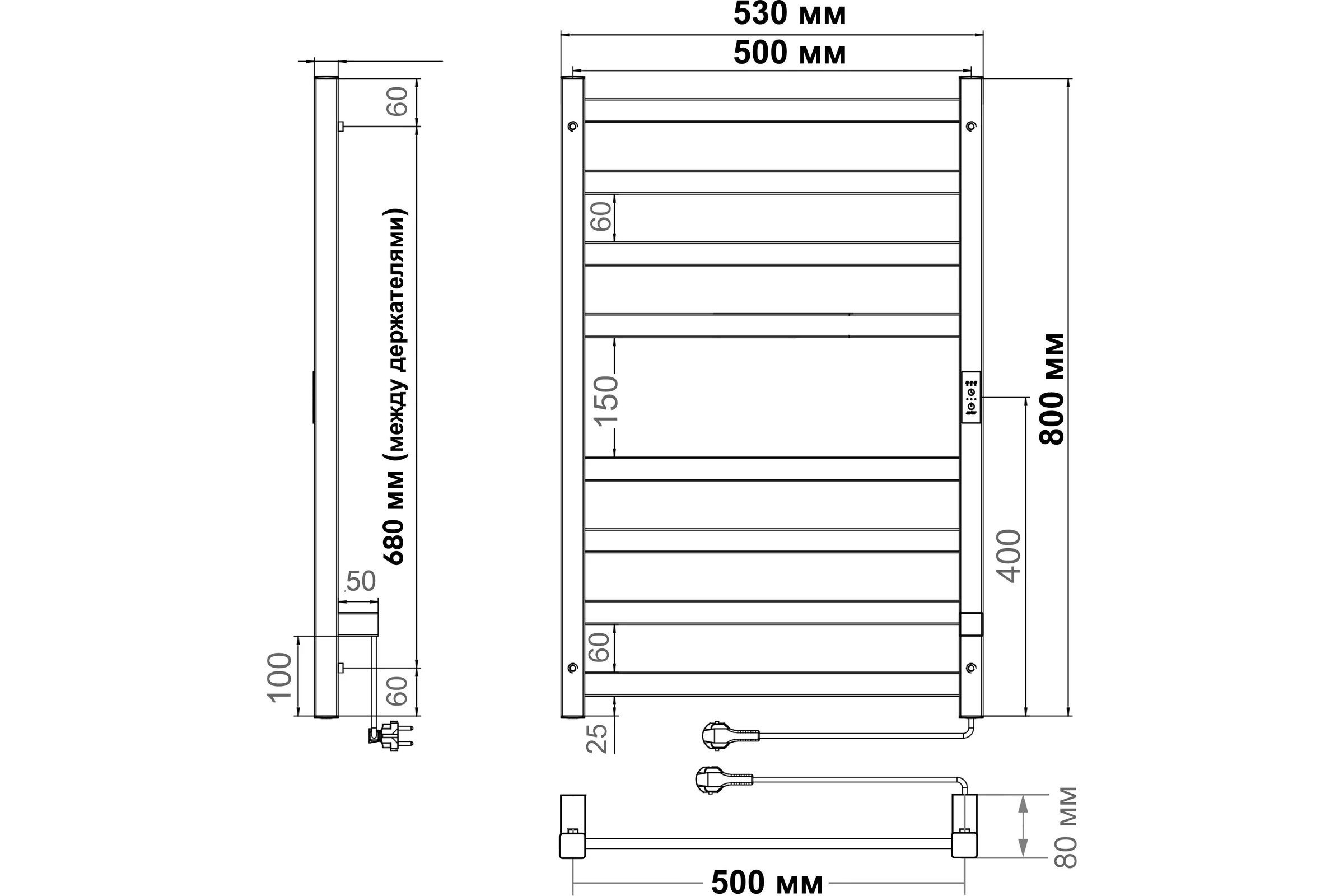 Электрический полотенцесушитель INDIGO Oktava Slim 3 (electro) 80/50, таймер, скрытый монтаж, униерсальное подключение R/L, Graphite Metallic LСLOKS3E80-50GFMRt