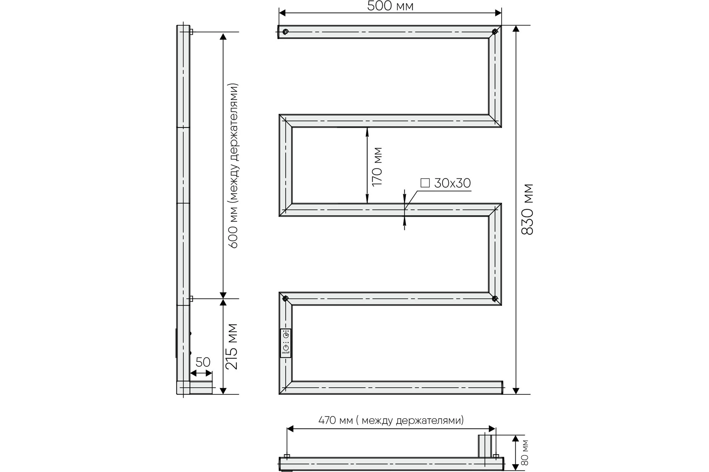 Электрический полотенцесушитель INDIGO Sparta (electro) 80/50, таймер, скрытый провод справа, Graphite Metallic DGS80-50GFMRt