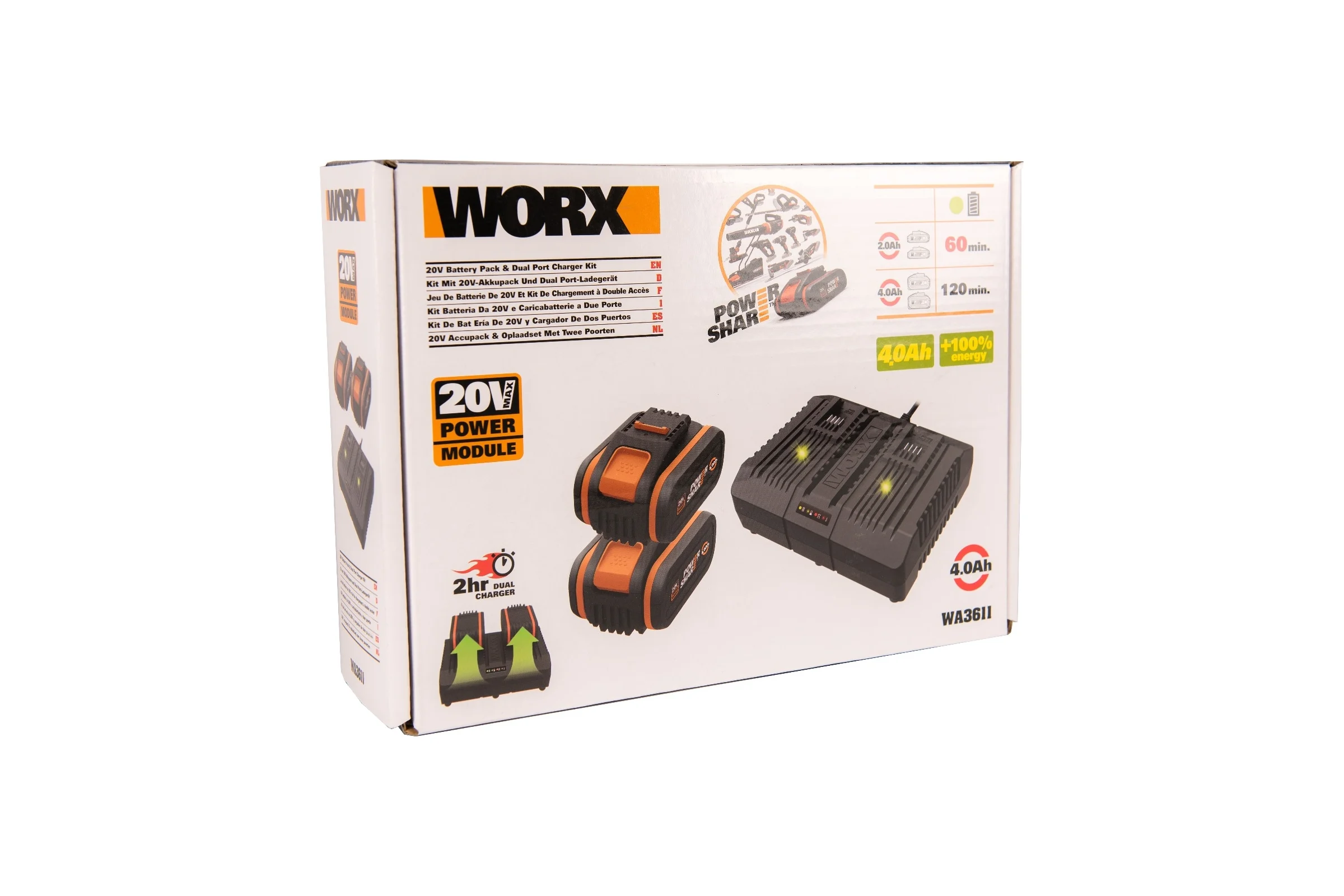 Комплект: Двойное Зарядное устройство WORX WA3883 + 2 АКБ 4.0 А/ч