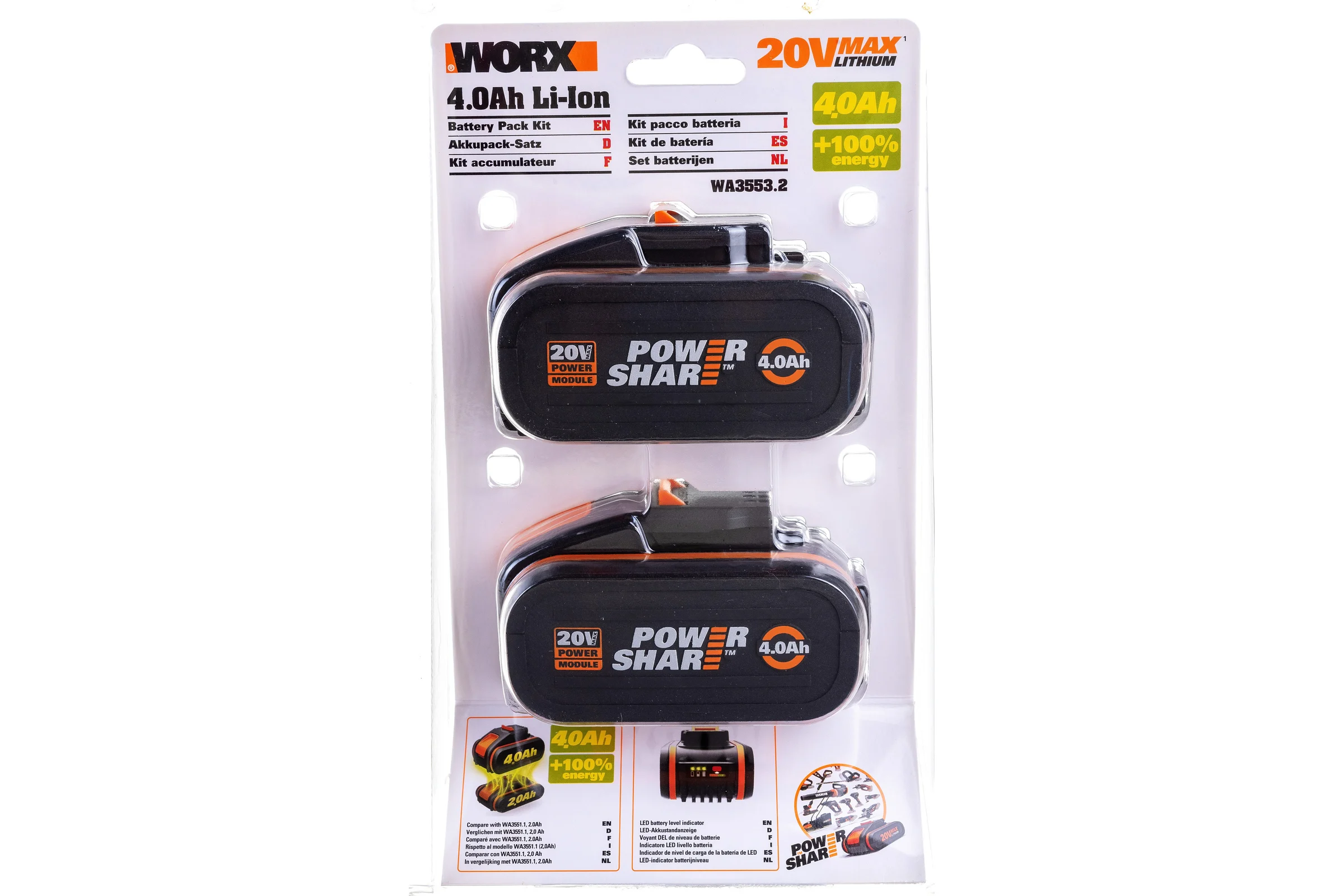 Комплект из 2х Аккумуляторов 2х20В 4.0 А/ч . WORX WA3553.2