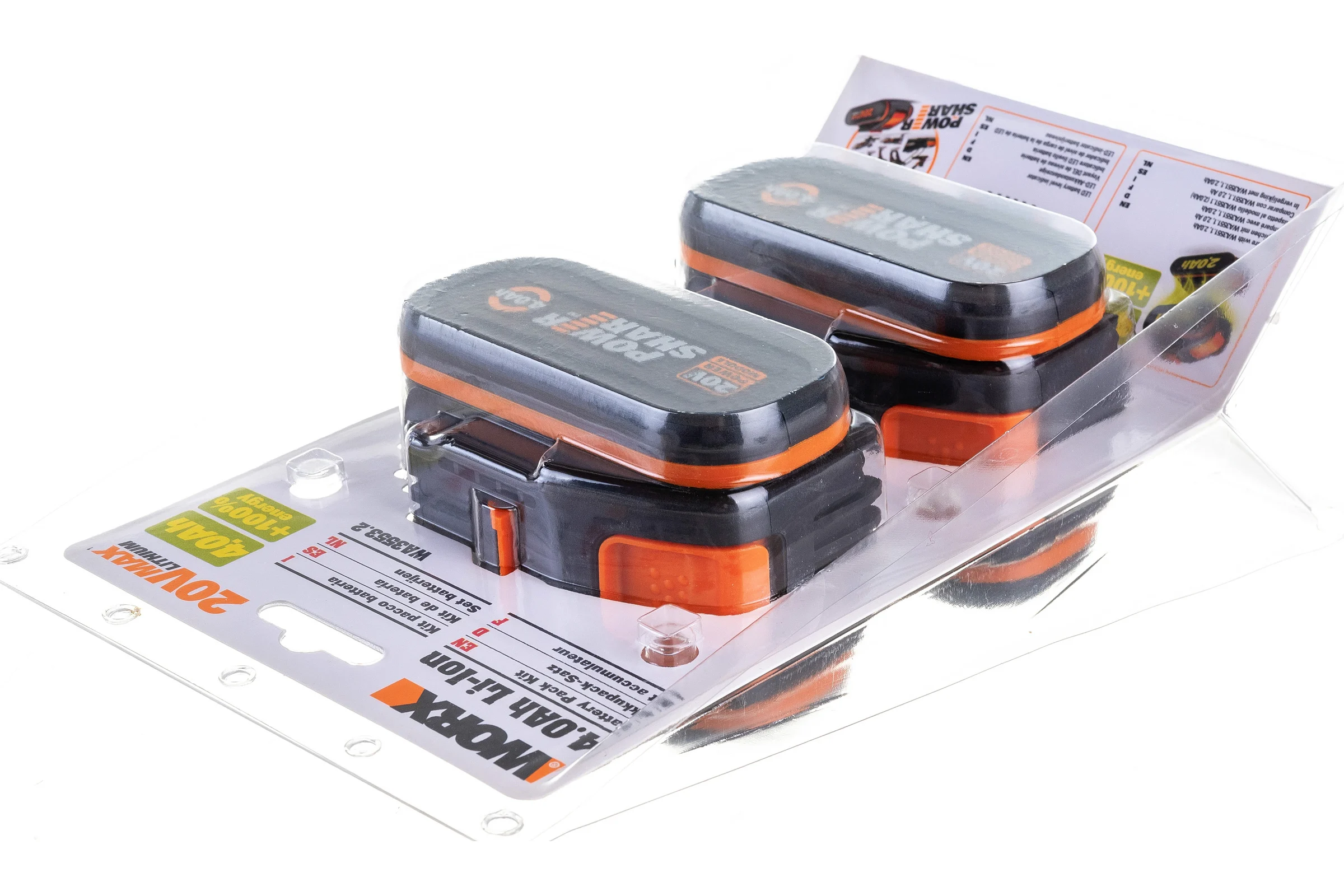 Комплект из 2х Аккумуляторов 2х20В 4.0 А/ч . WORX WA3553.2