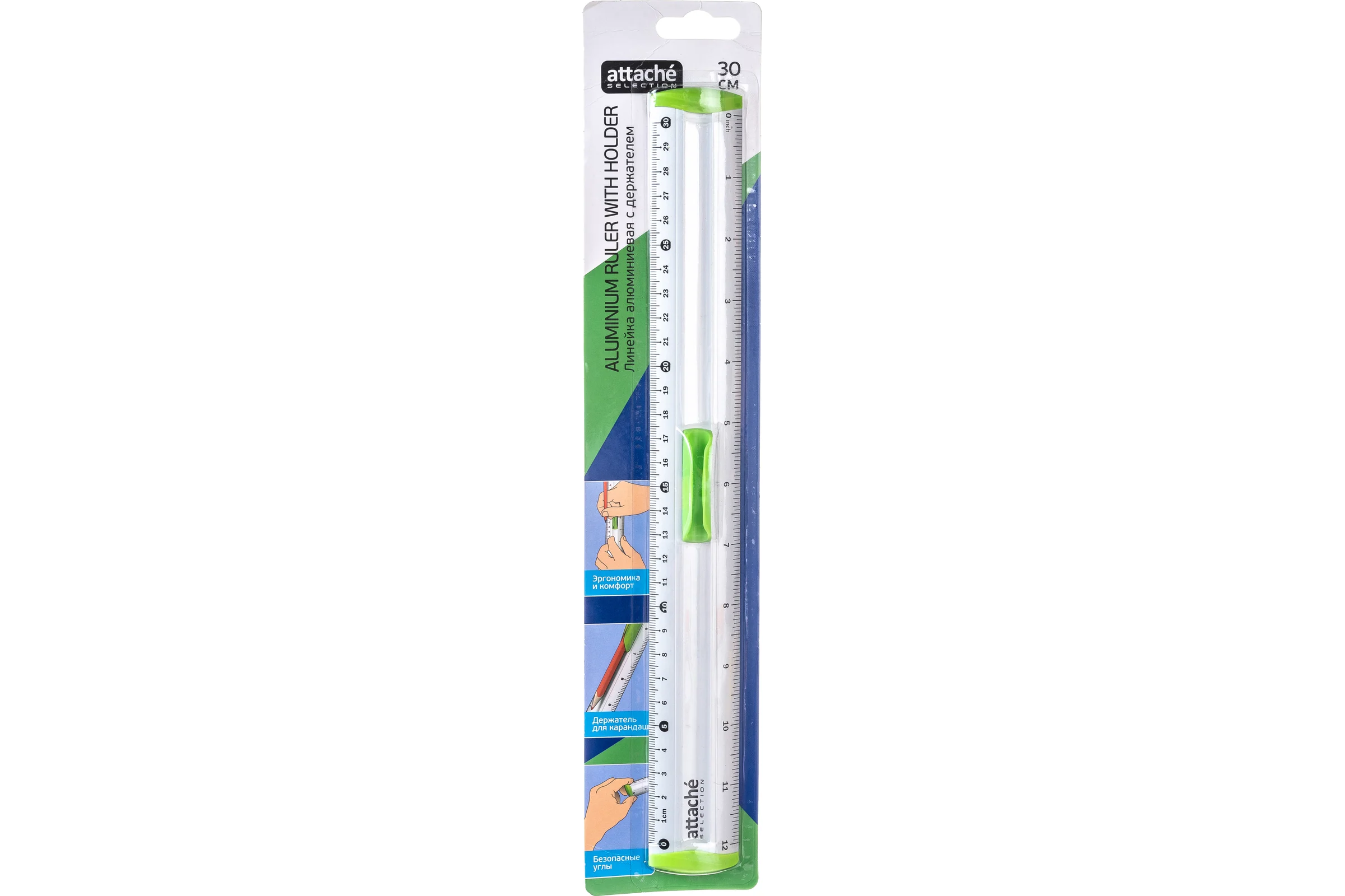 Линейка Attache Selection aluminium 30 см, с держателем, зеленая 726997