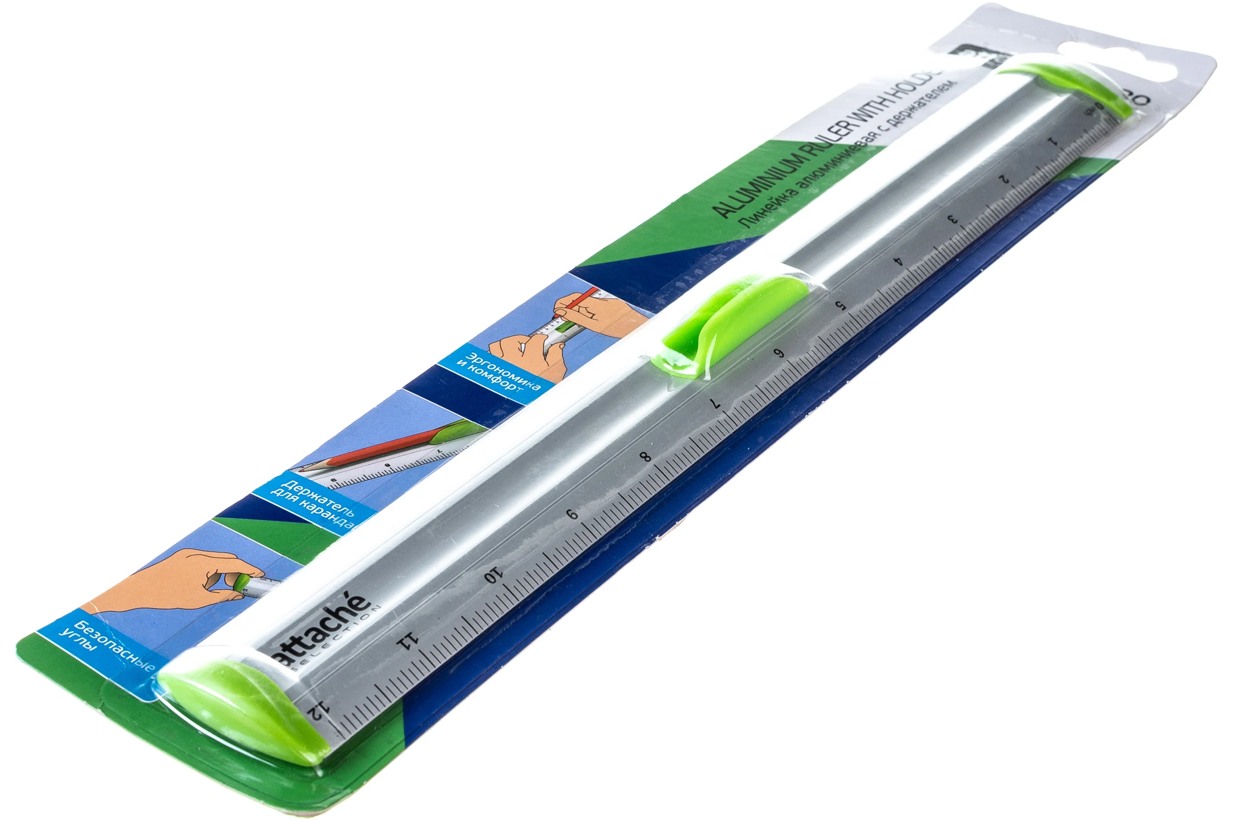 Линейка Attache Selection aluminium 30 см, с держателем, зеленая 726997