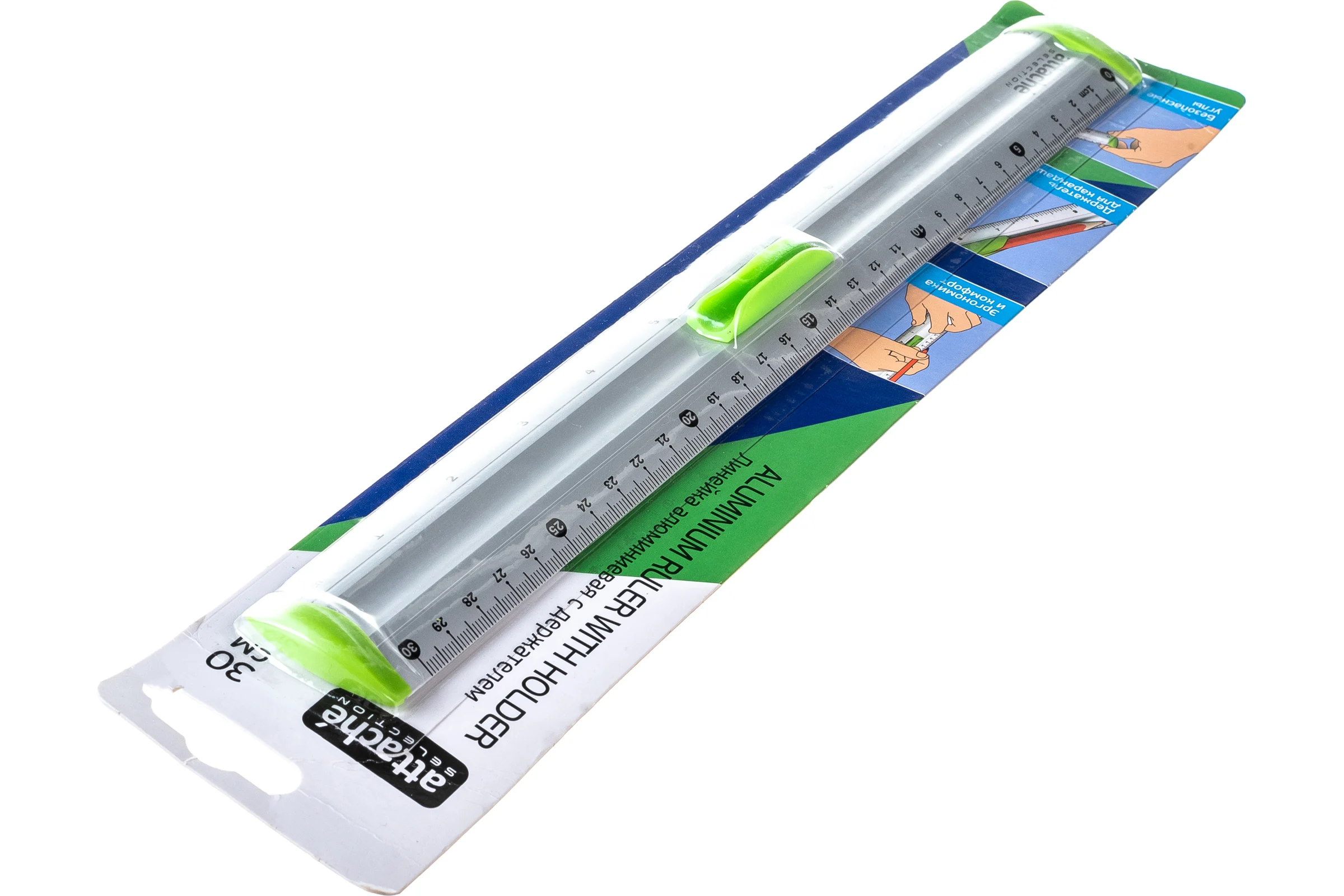 Линейка Attache Selection aluminium 30 см, с держателем, зеленая 726997