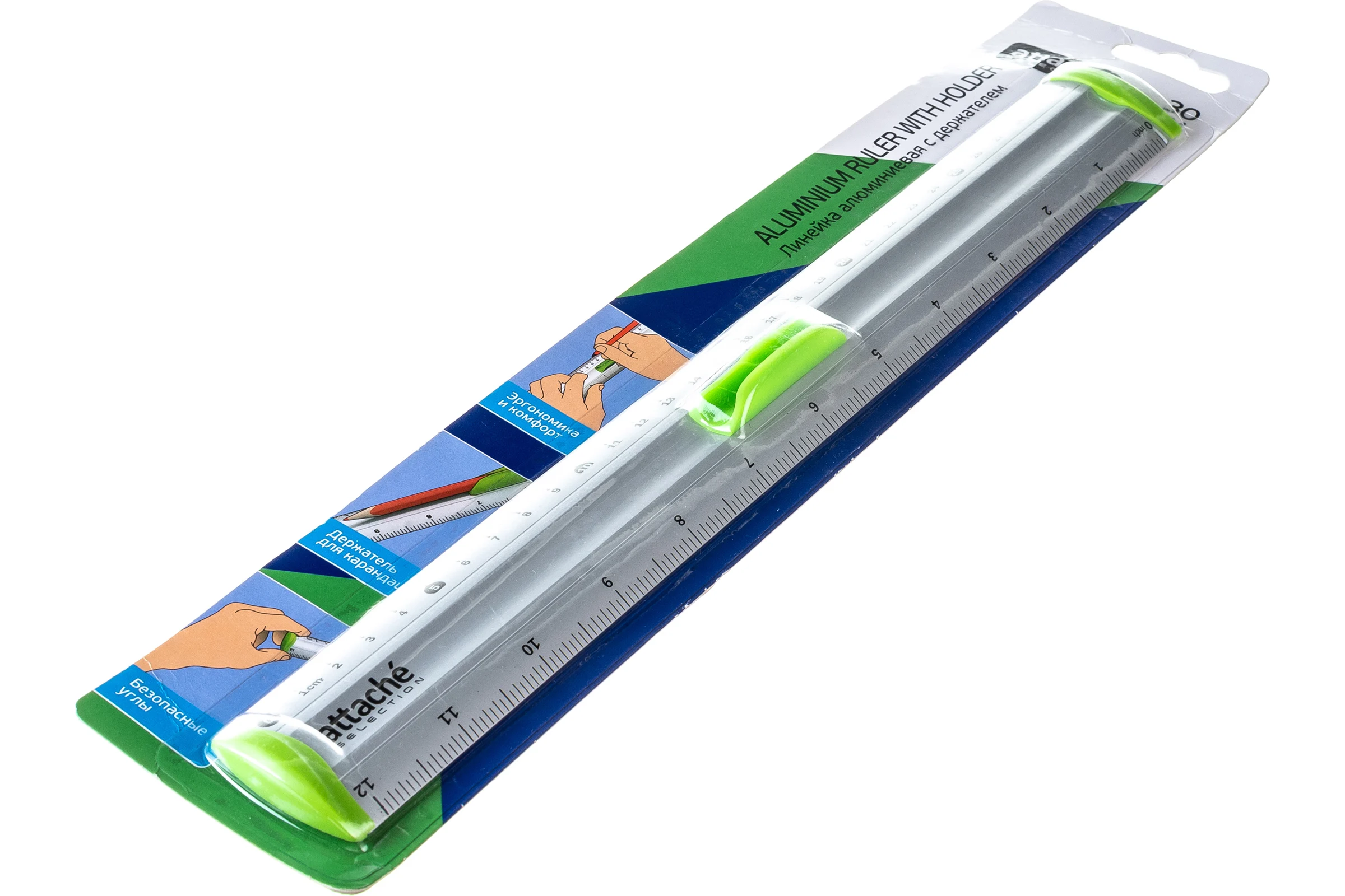 Линейка Attache Selection aluminium 30 см, с держателем, зеленая 726997