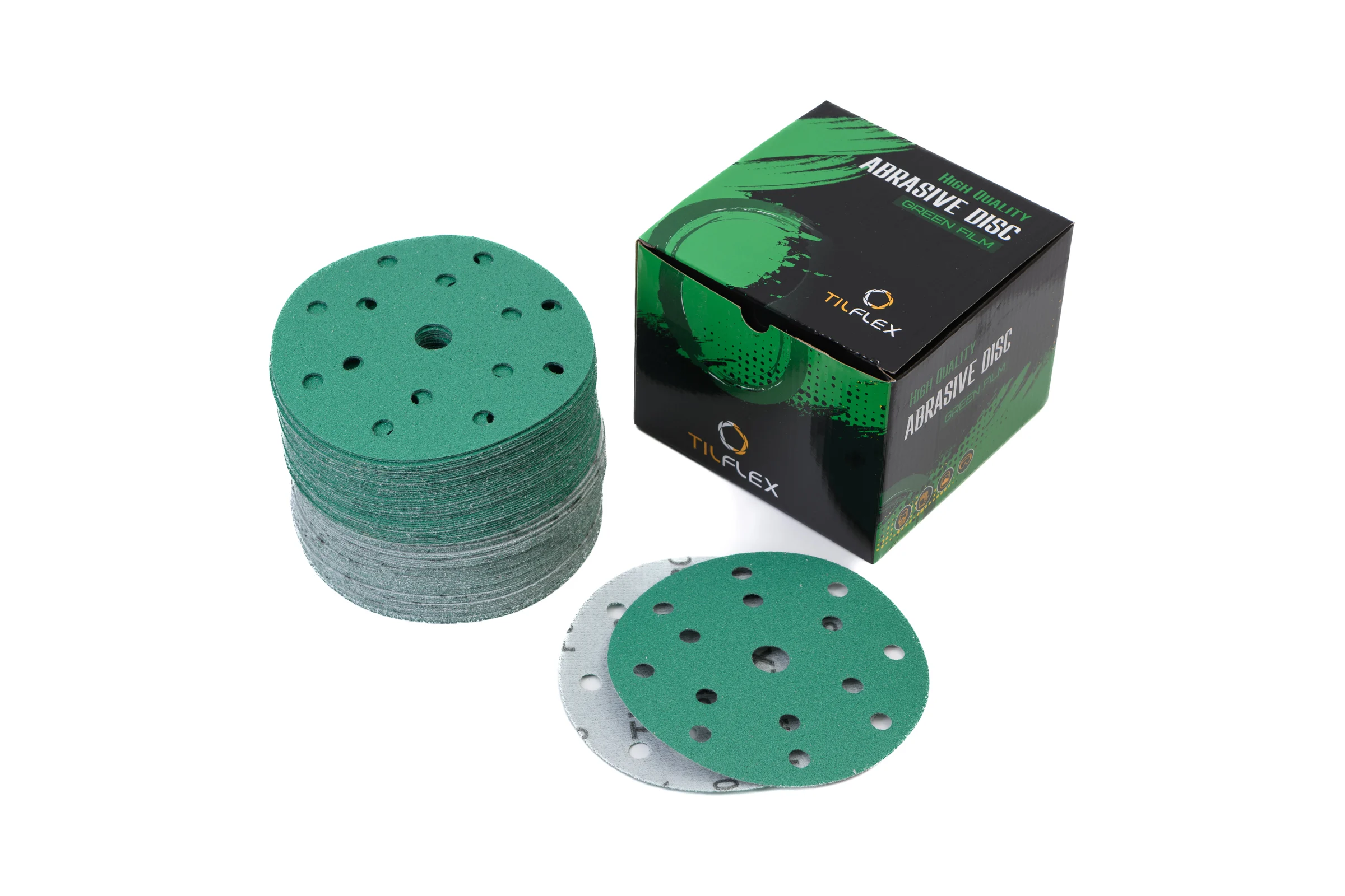 Абразивный круг GREEN Film 150 мм, P240, 15 отверстий, на липучке, 100 шт TILFLEX TL41-240/100
