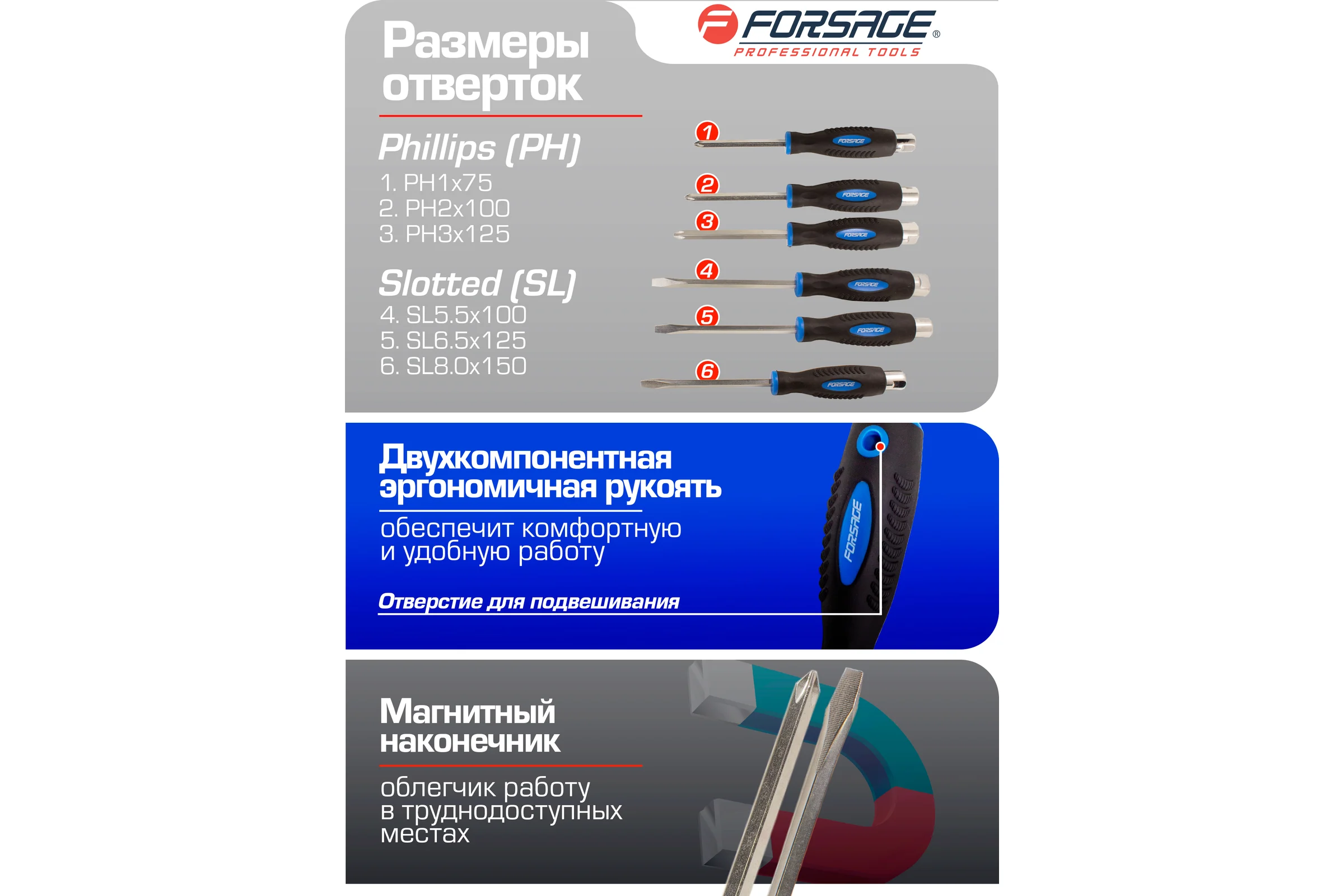 Набор силовых магнитных отверток Forsage Profi 6 предметов F-7006(26906)