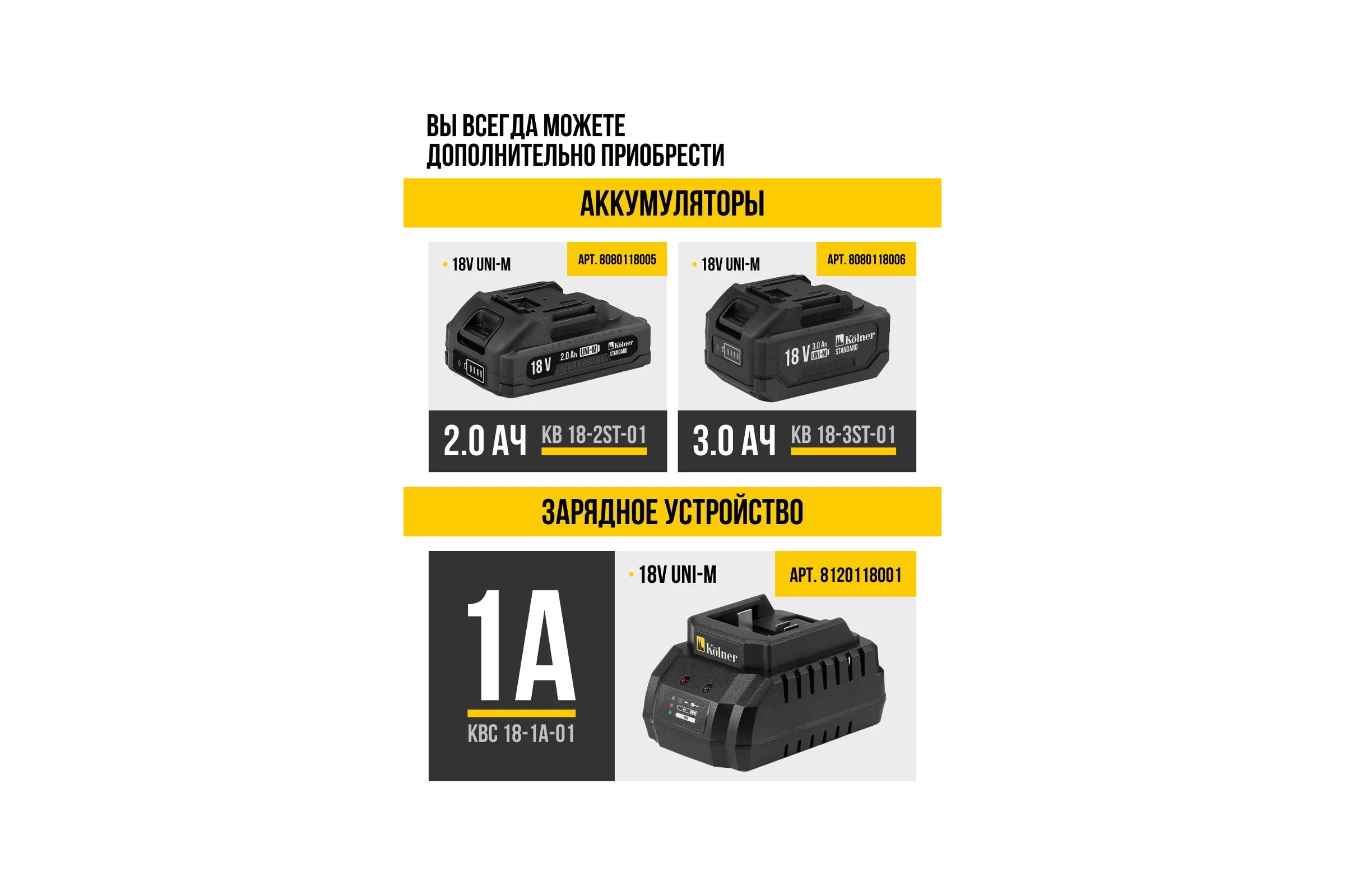 Аккумулятор Kolner 18В UNI-M Standard, 3.0Ач, KB 18-3ST-01, Li-lon, индикатор заряда, прорезиненный корпус, защита от перегрева, КЗ, перезаряда 8080118006