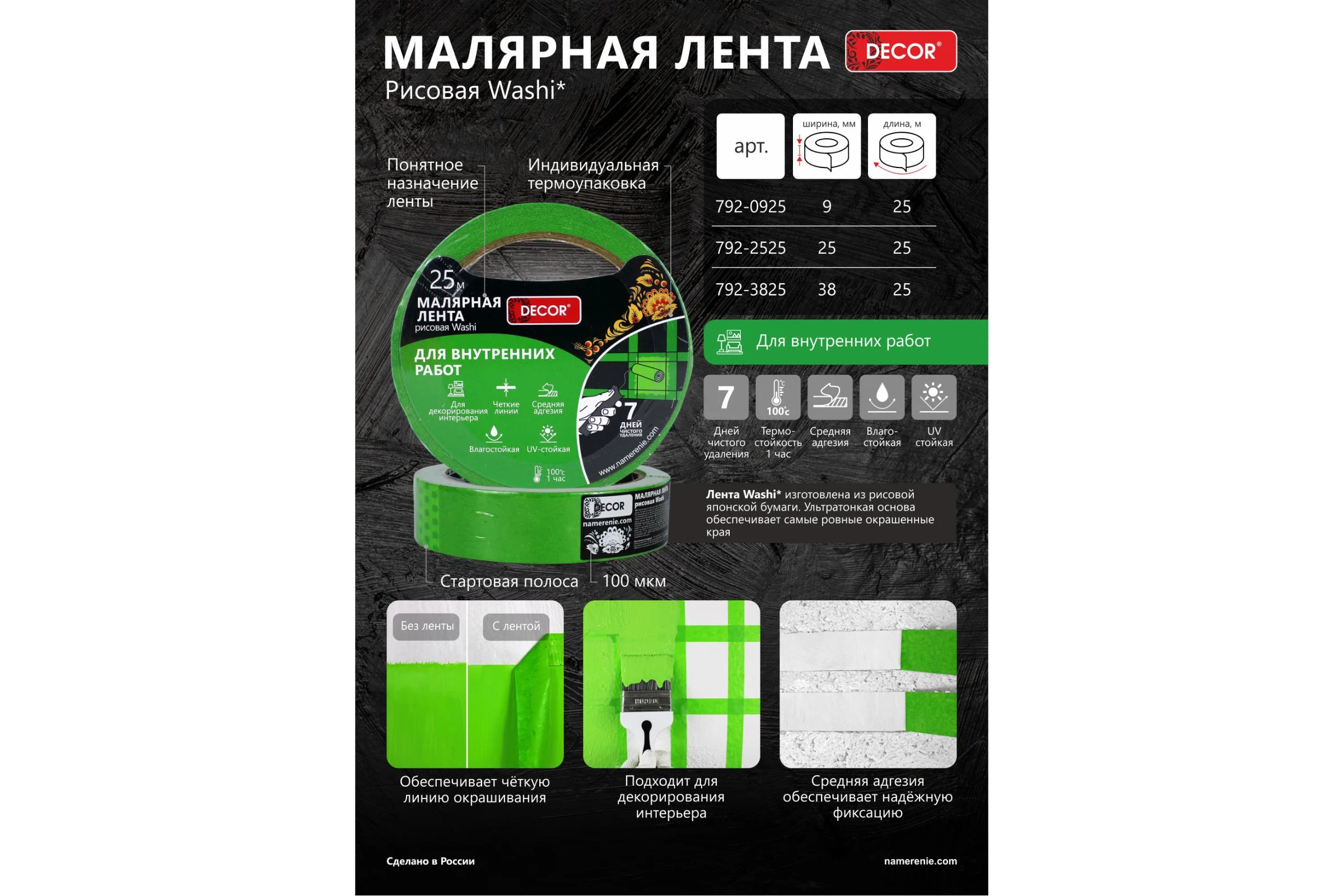 Малярная лента DECOR 25 мм, 25 м, зеленая, для внутренних работ 792-2525 11613737