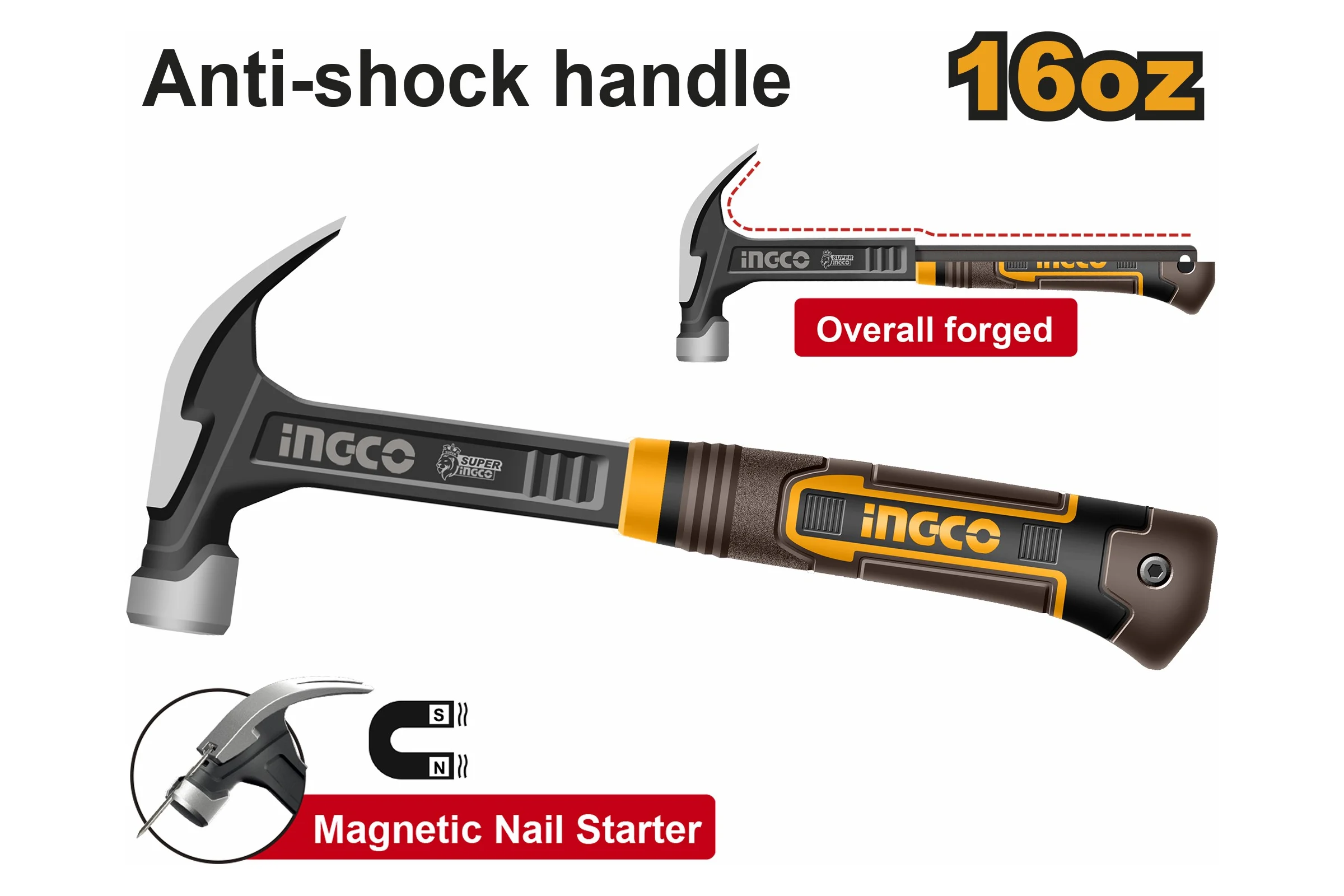 Молоток-гвоздодер INGCO SUPER INDUSTRIAL 450 г HCH81016L