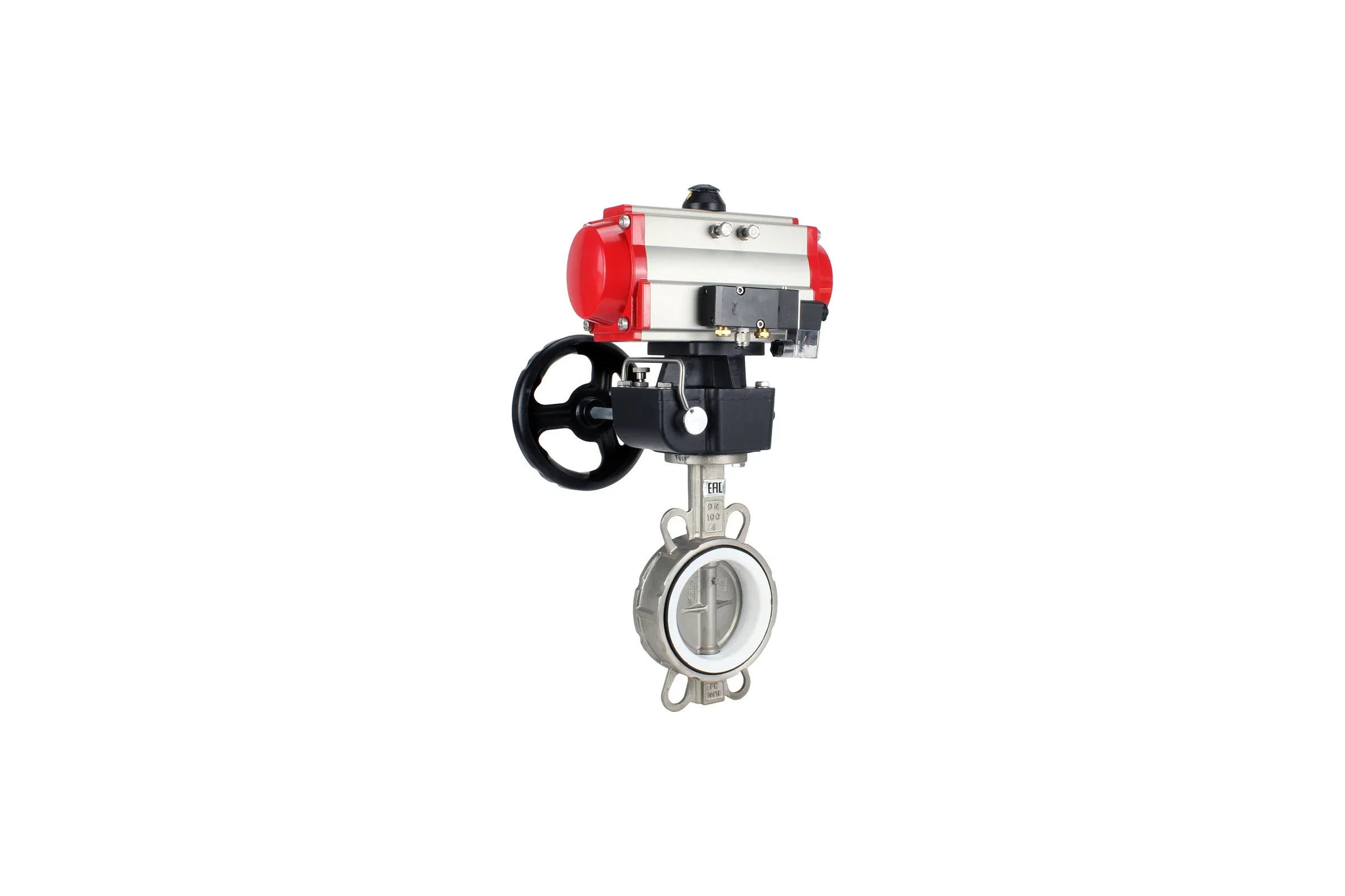 Затвор DN.ru 316L-316L-PTFE Ду125 Ру16 с пневмоприводом, пневмораспределителем, дублером D050-19158
