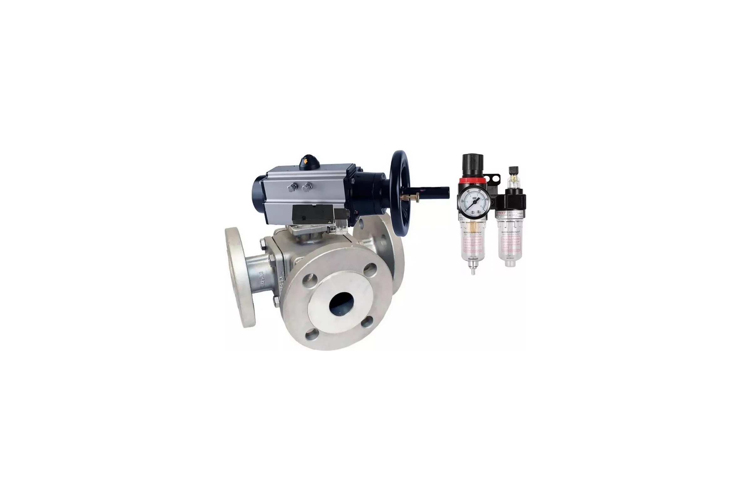 Шаровой кран DN.ru 316-316-PTFE L-тип Ду100 Ру16, пневмопривод, пн.распределитель, БПВ D160-32793
