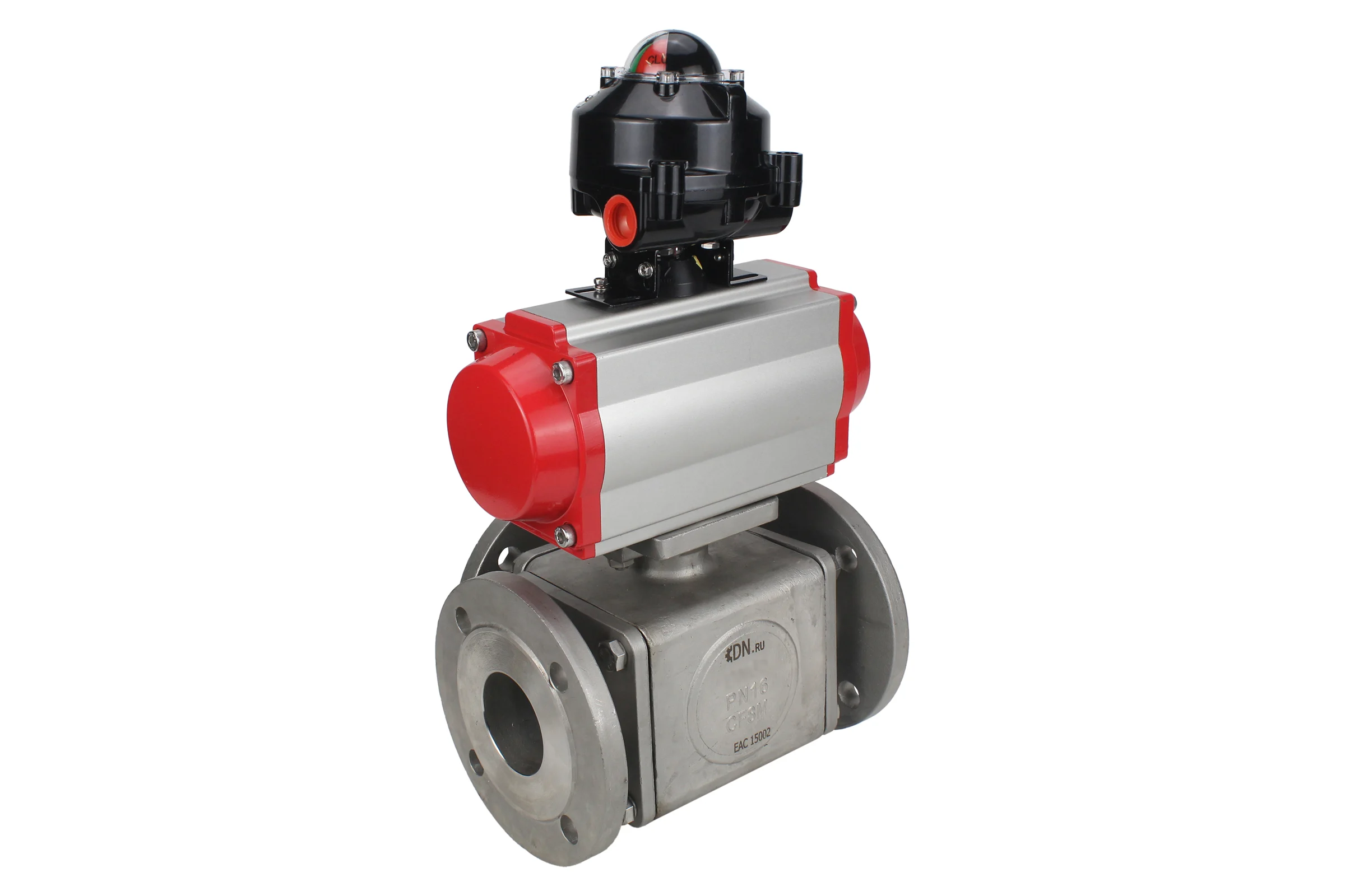 Шаровой кран DN.ru 316-316-PTFE L-тип Ду80 Ру16, пневмопривод, БКВ D160-33448