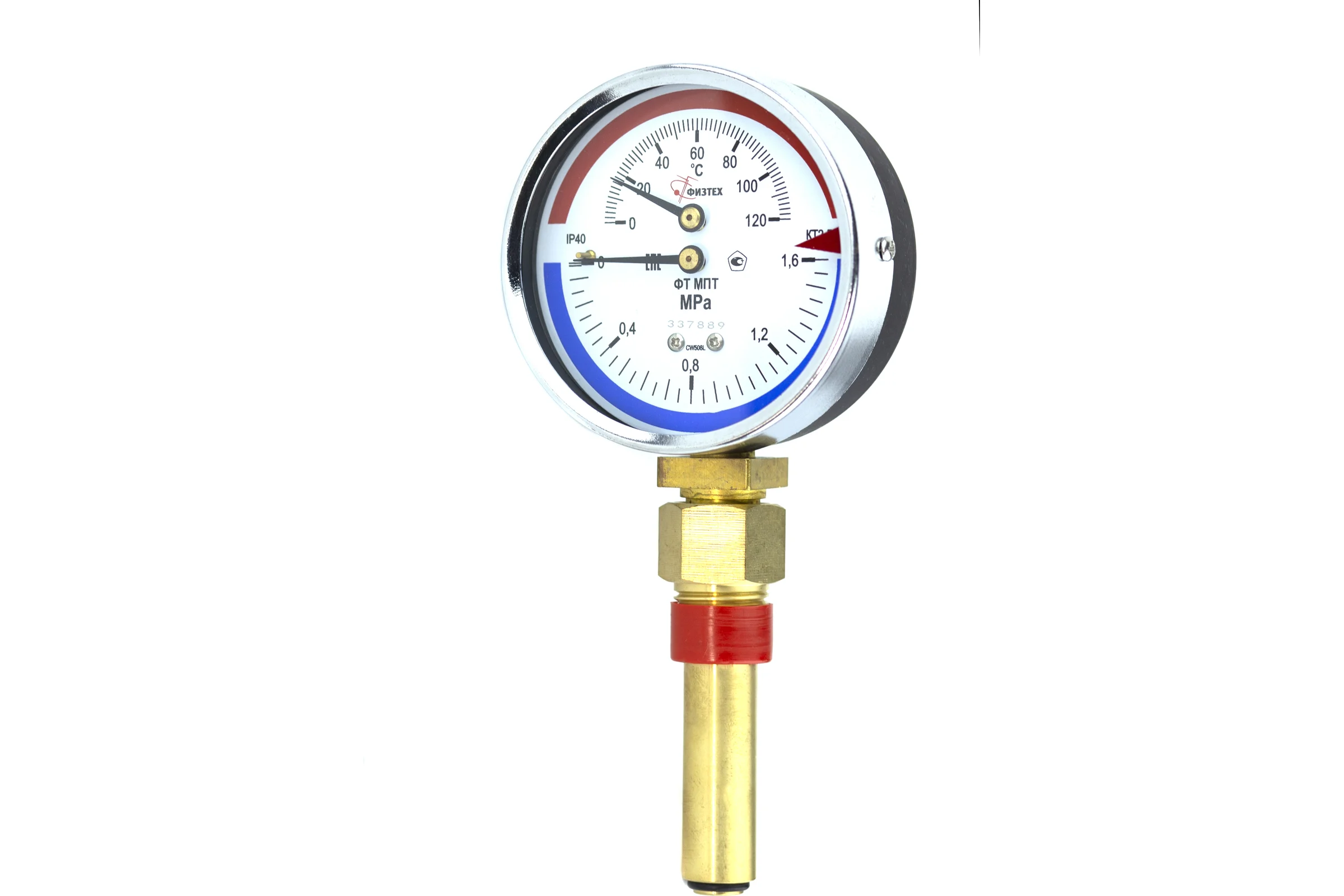 Термоманометр Физтех МПТ 0…120C/0…1,6 МПа кт.2,5 d.100 IP40 G1/2 РШ L64 4687205455499