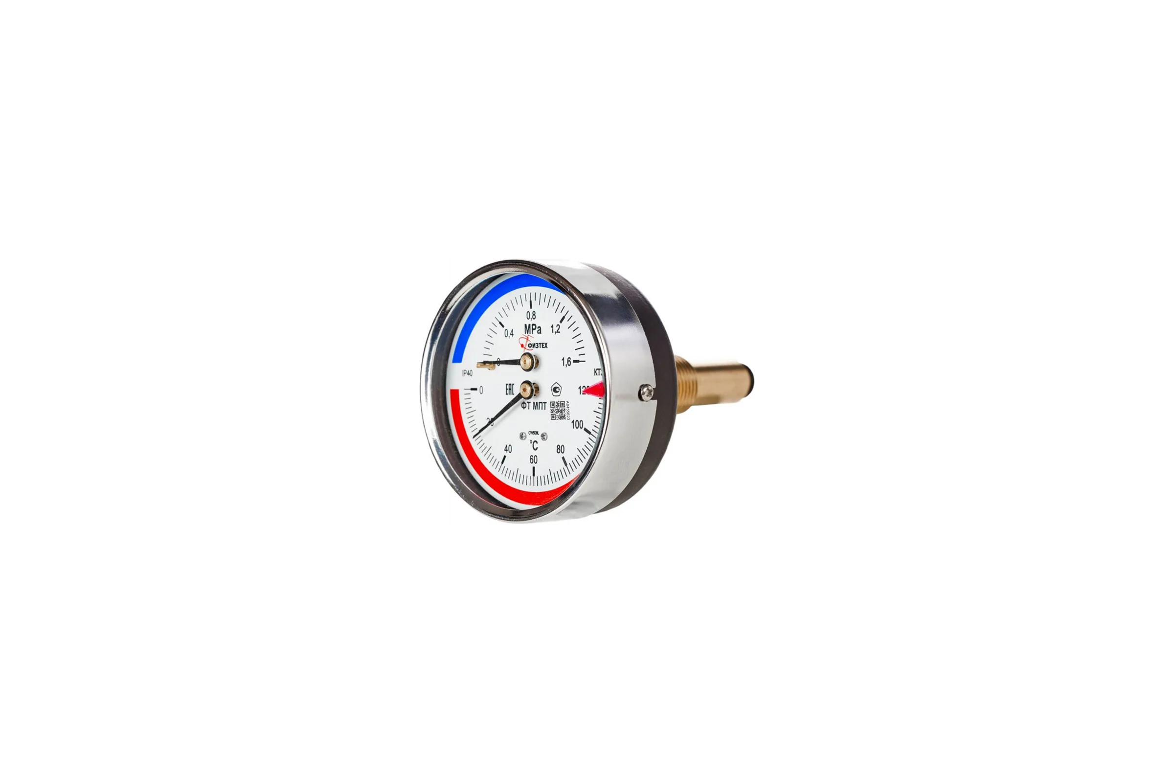 Термоманометр Физтех МПТ 0…120C/0…1,6 МПа кт.2,5 d.80 IP40 G1/2 ОШ L64 4687205455413
