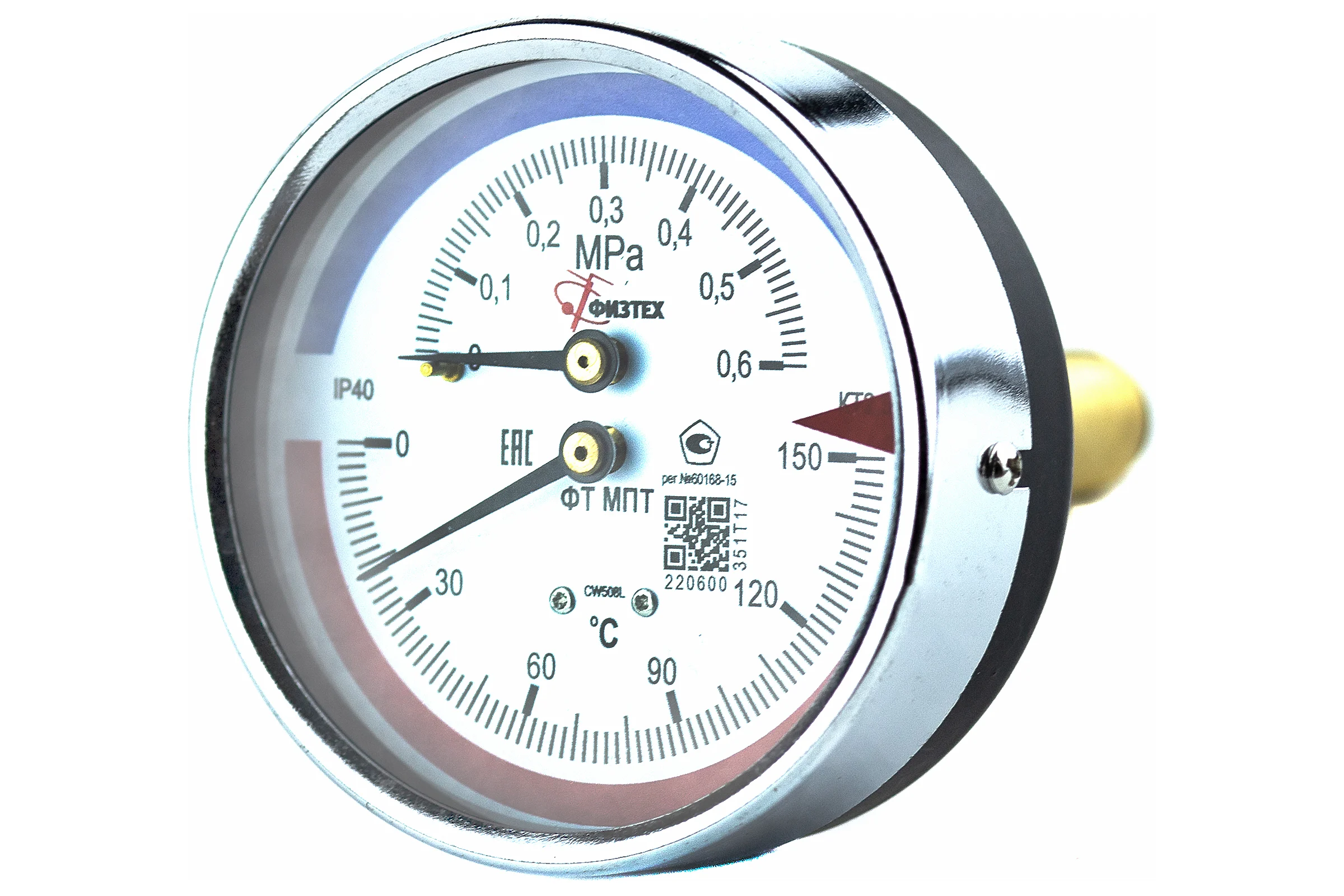 Термоманометр Физтех МПТ 0…150C/0…0,6 МПа кт.2,5 d.80 IP40 G1/2 ОШ L46 4687205455376
