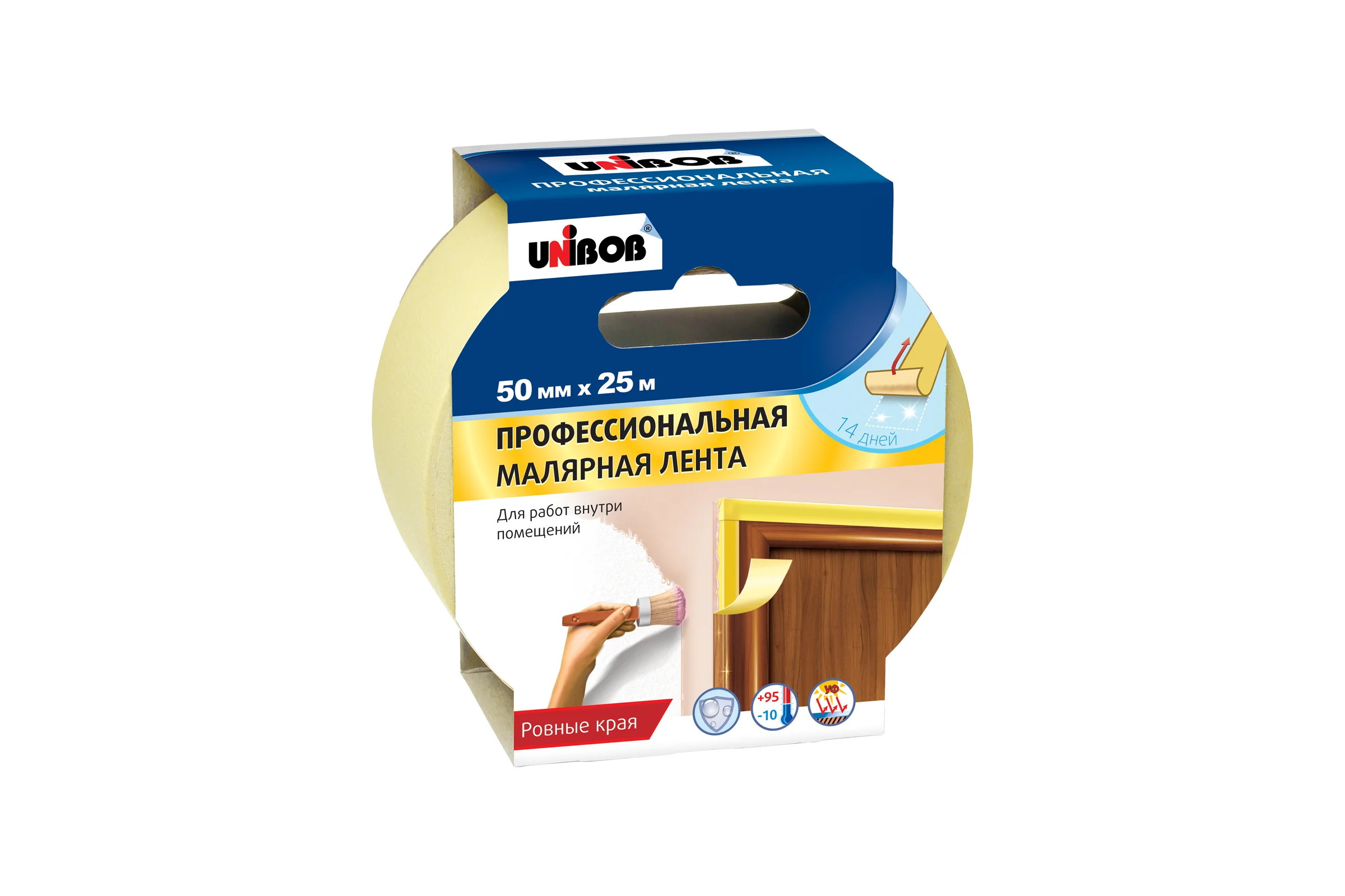 Малярная клейкая лента UNIBOB Профи 50 мм х 25 м, для внутр. работ, желтый 214974