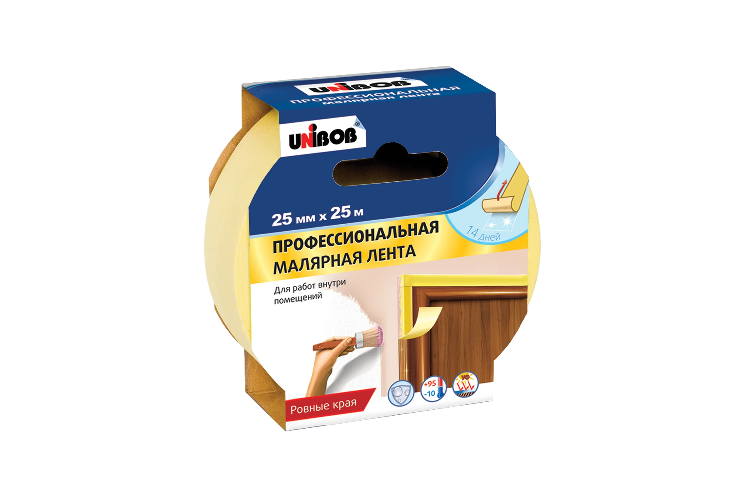 Малярная клейкая лента UNIBOB Профи 25 мм х 25 м для внутр. работ, желтый 214975