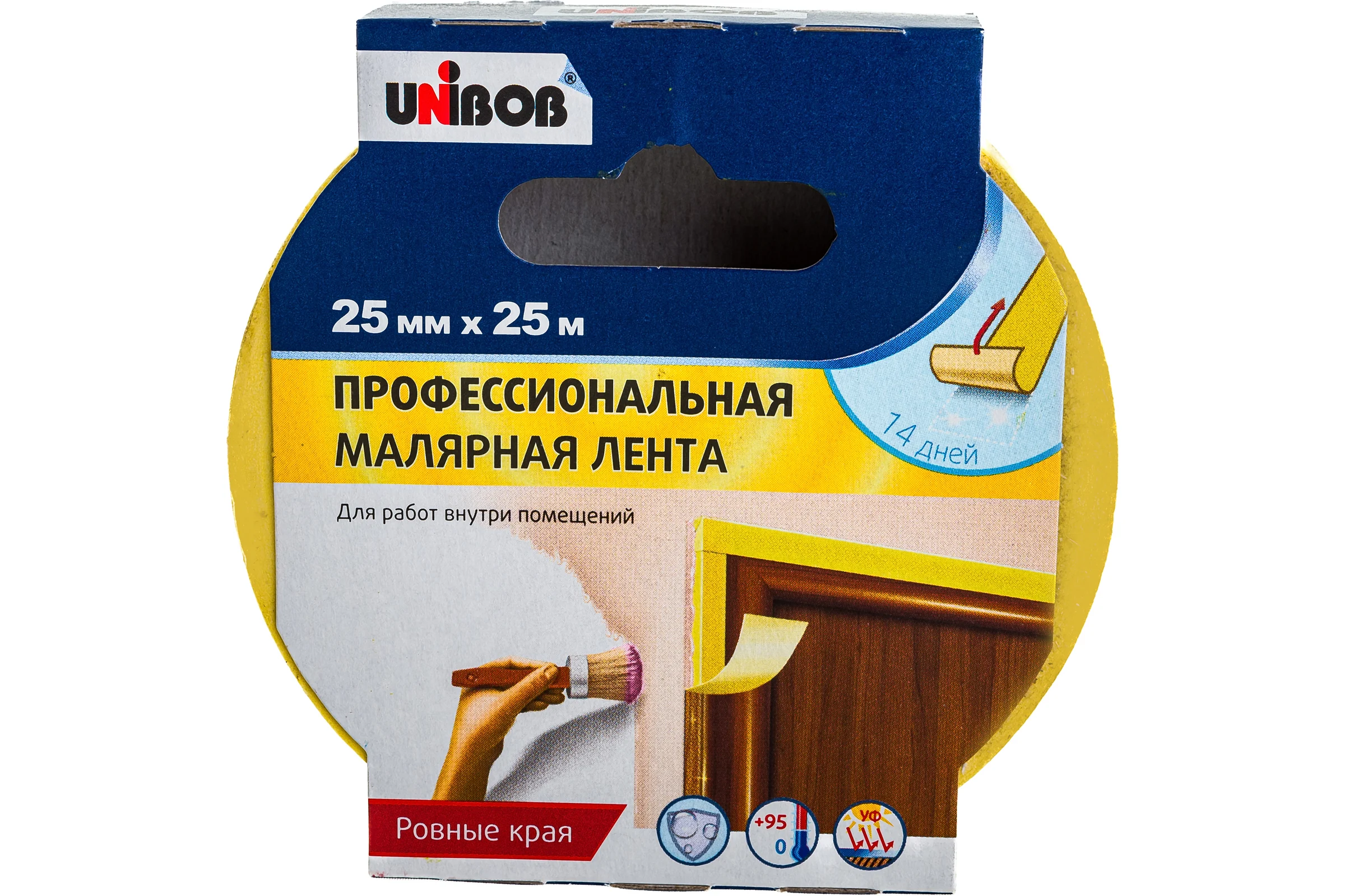 Малярная клейкая лента UNIBOB Профи 25 мм х 25 м для внутр. работ, желтый 214975