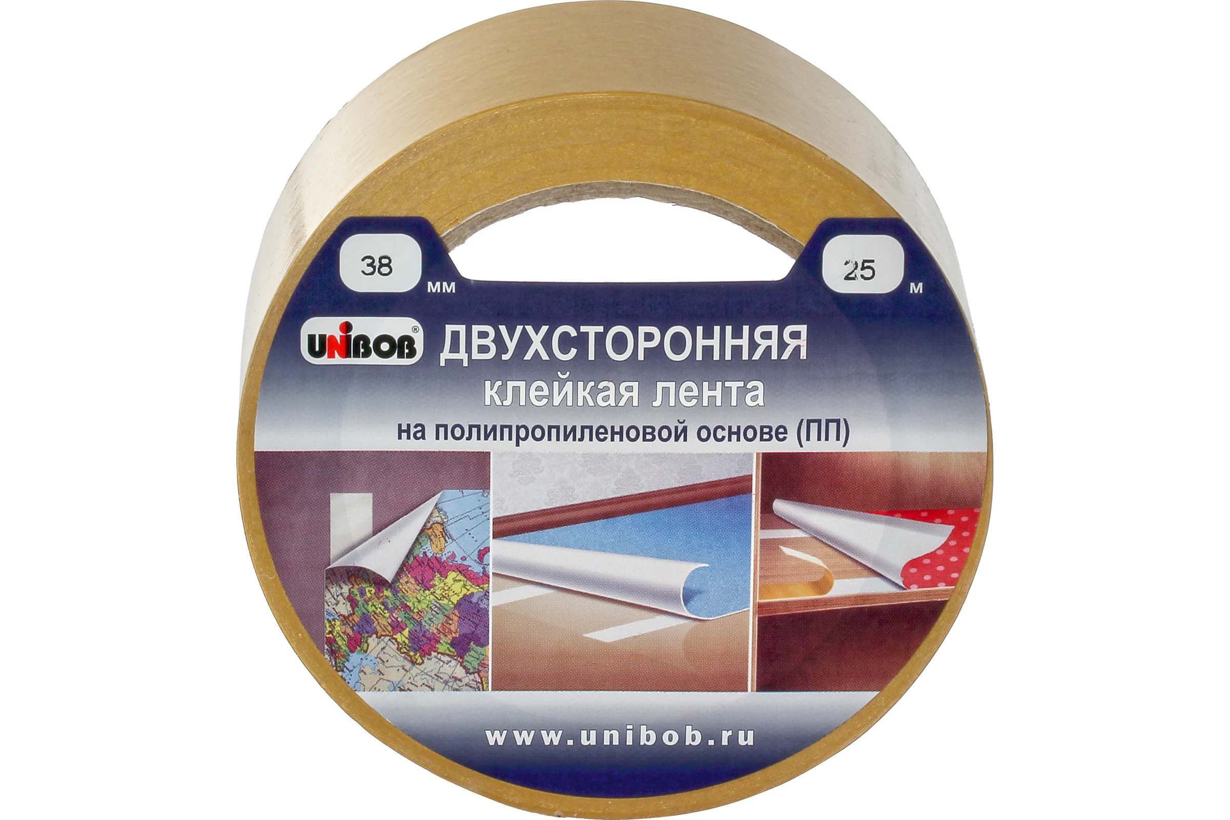 Двухсторонняя клейкая лента UNIBOB 38 мм х 25 м полипропилен 214983