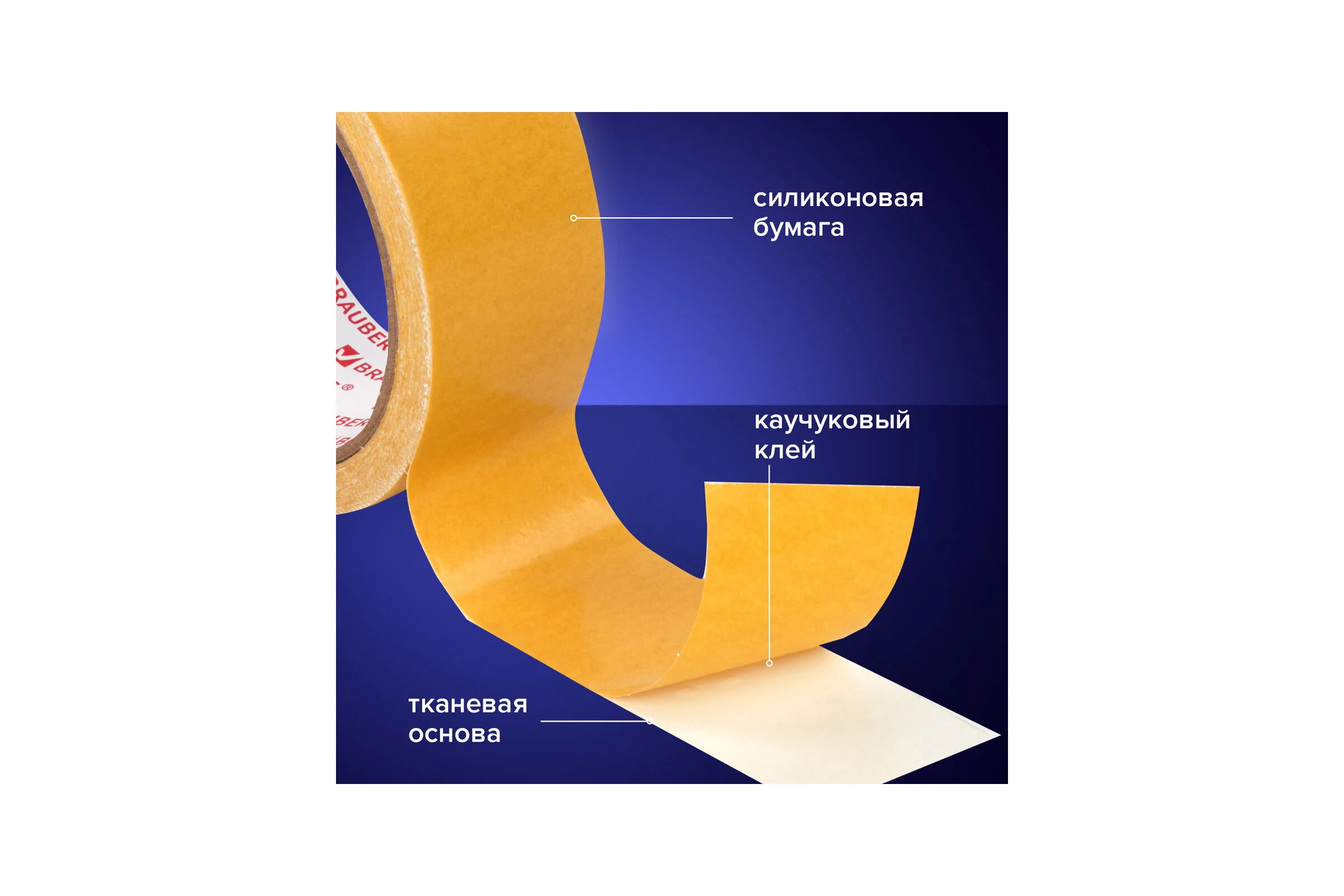 Клейкая двухсторонняя лента BRAUBERG 38 мм х 10 м, тканевая основа 606428