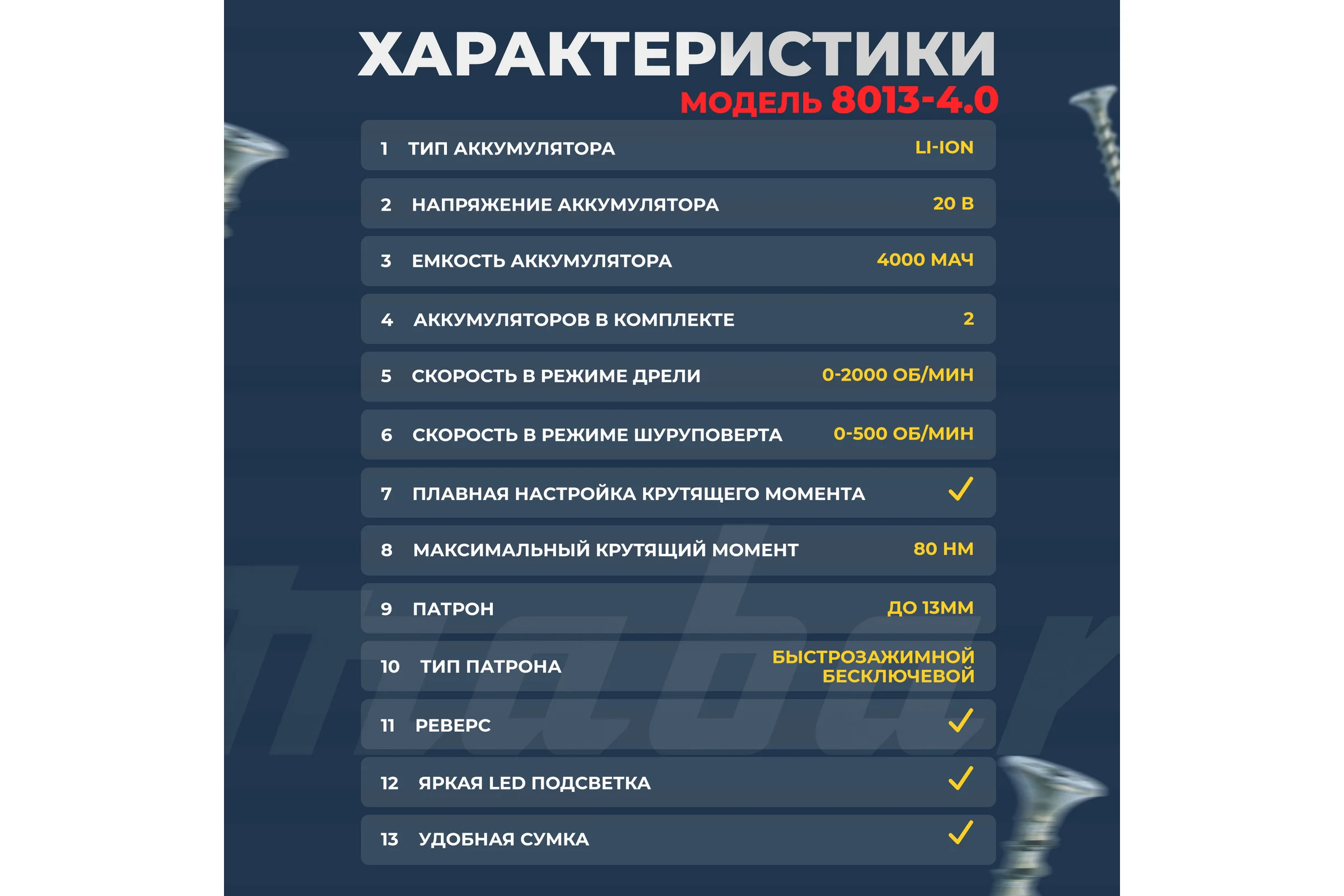 Аккумуляторная бесщеточная дрель-шуруповерт MABAR со светодиодной подсветкой рабочей зоны 8013-4.0