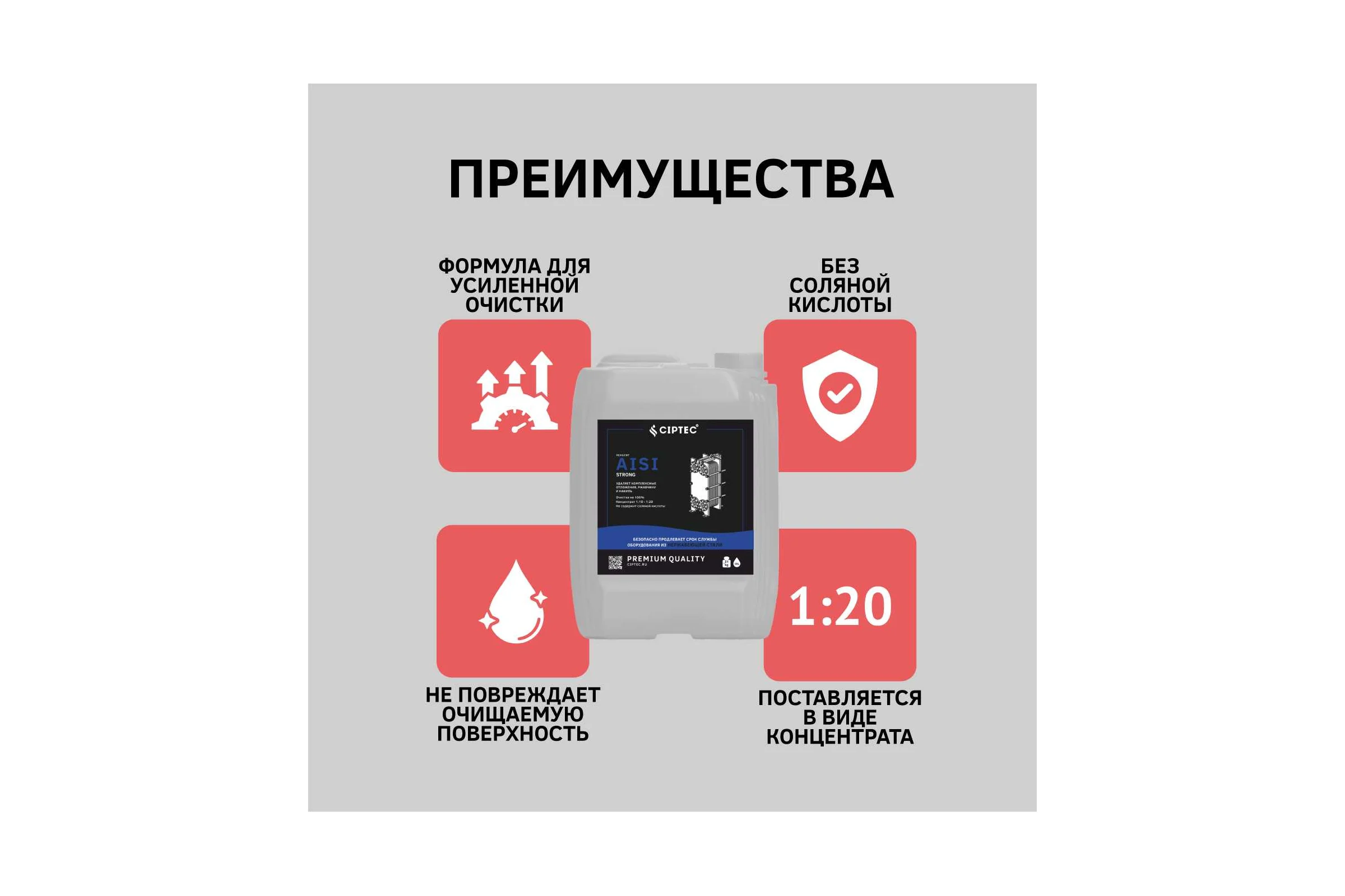 Средство CIPTEC AISI STRONG для промывки сильнозагрязненных пластинчатых теплообменников и другого теплообменного оборудования из нержавеющих сталей от комплексных отложений, накипи и ржавчины, 19 л. (30 кг.) ciptecaisistrong19