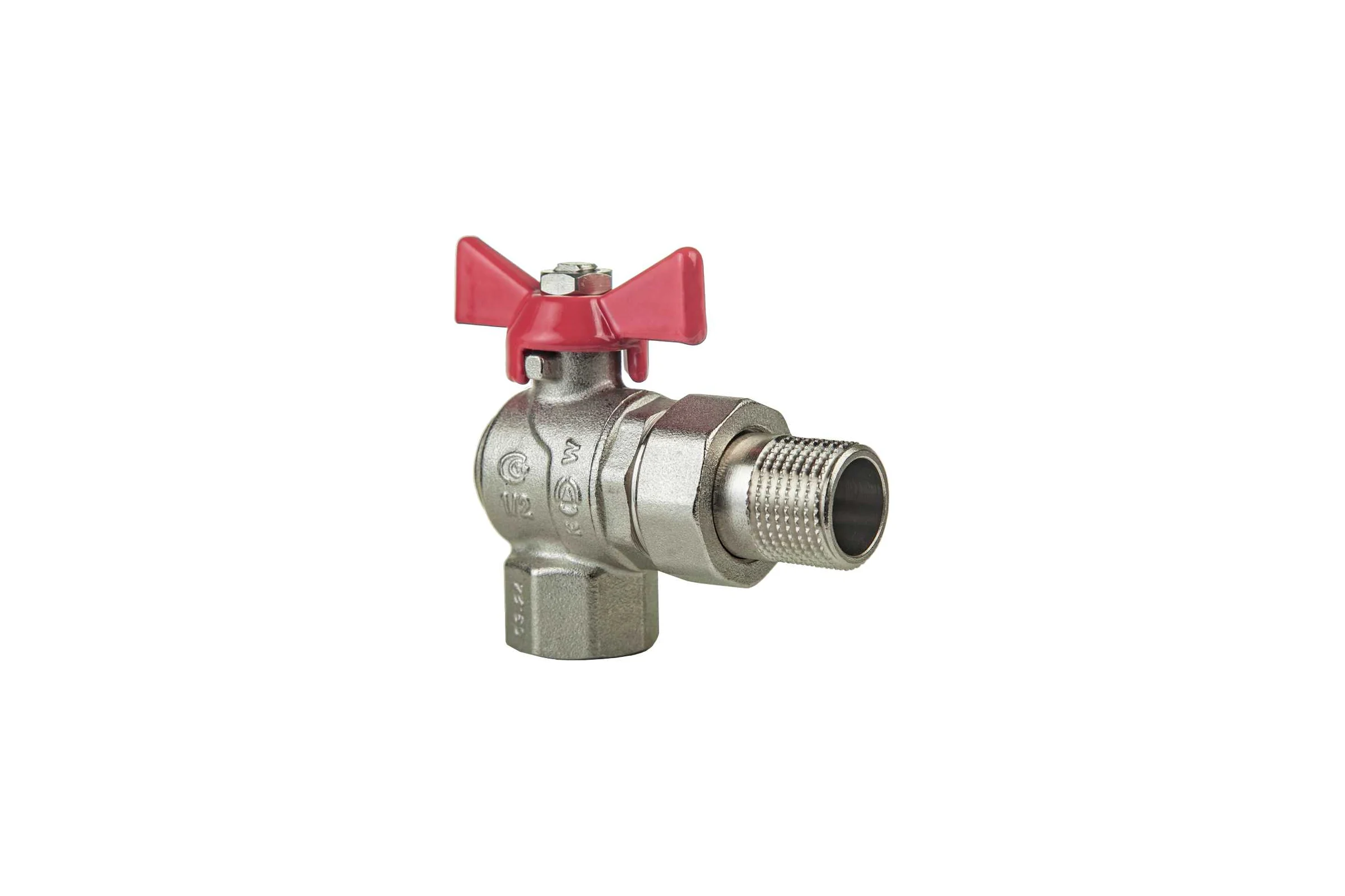 Кран шаровой угловой с американкой KROMWELL ручка-бабочка, 1/2" внутренняя - наружная резьба KW.186.04