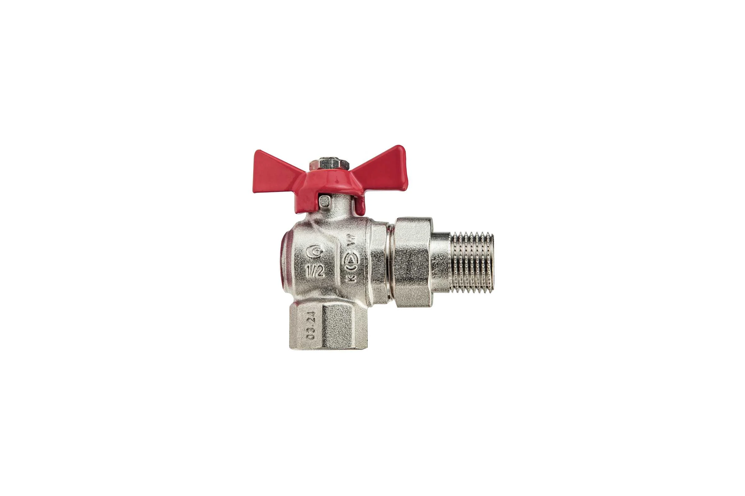 Кран шаровой угловой с американкой KROMWELL ручка-бабочка, 1/2" внутренняя - наружная резьба KW.186.04