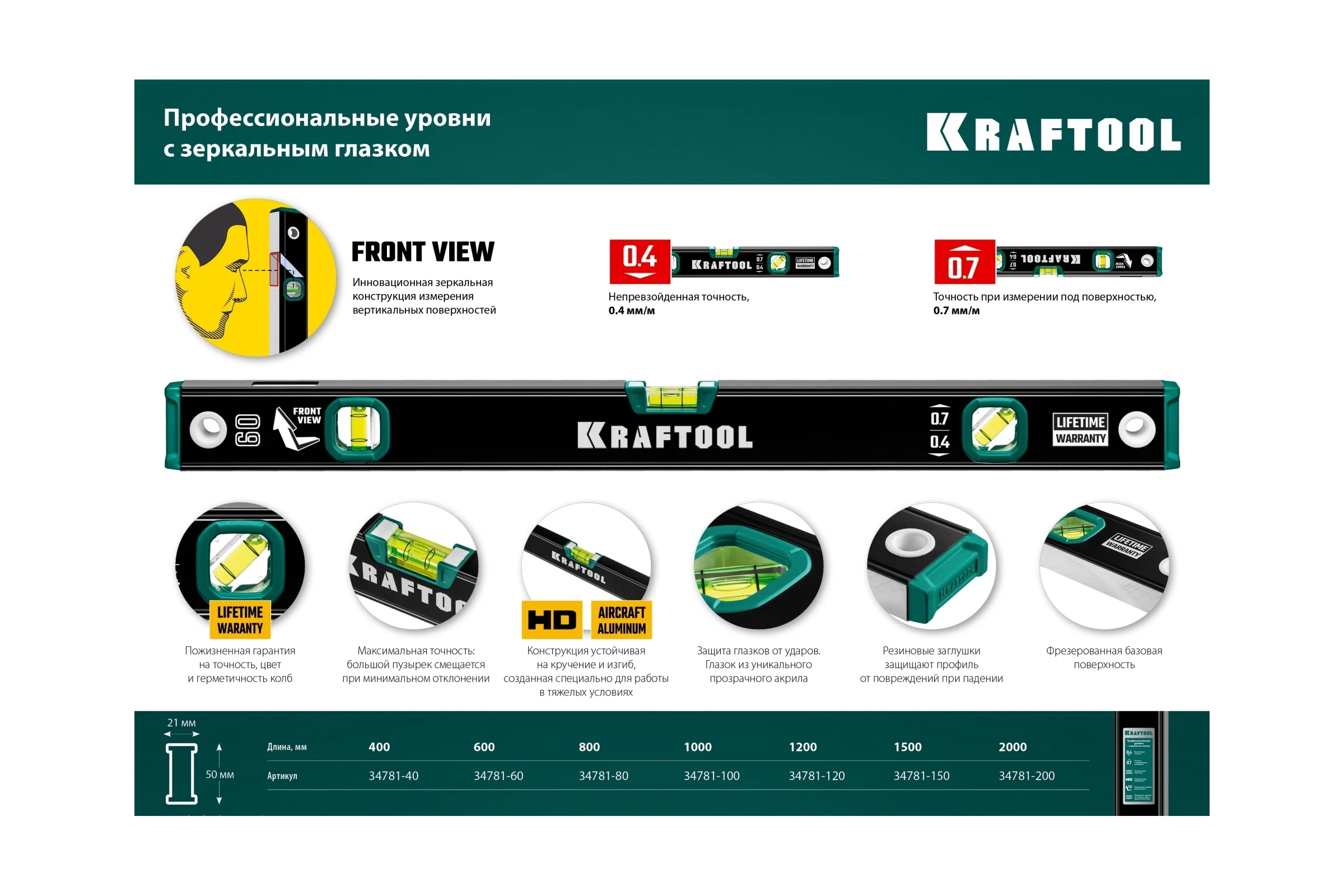 Уровень KRAFTOOL с зеркальным глазком, 1000 мм 34781-100