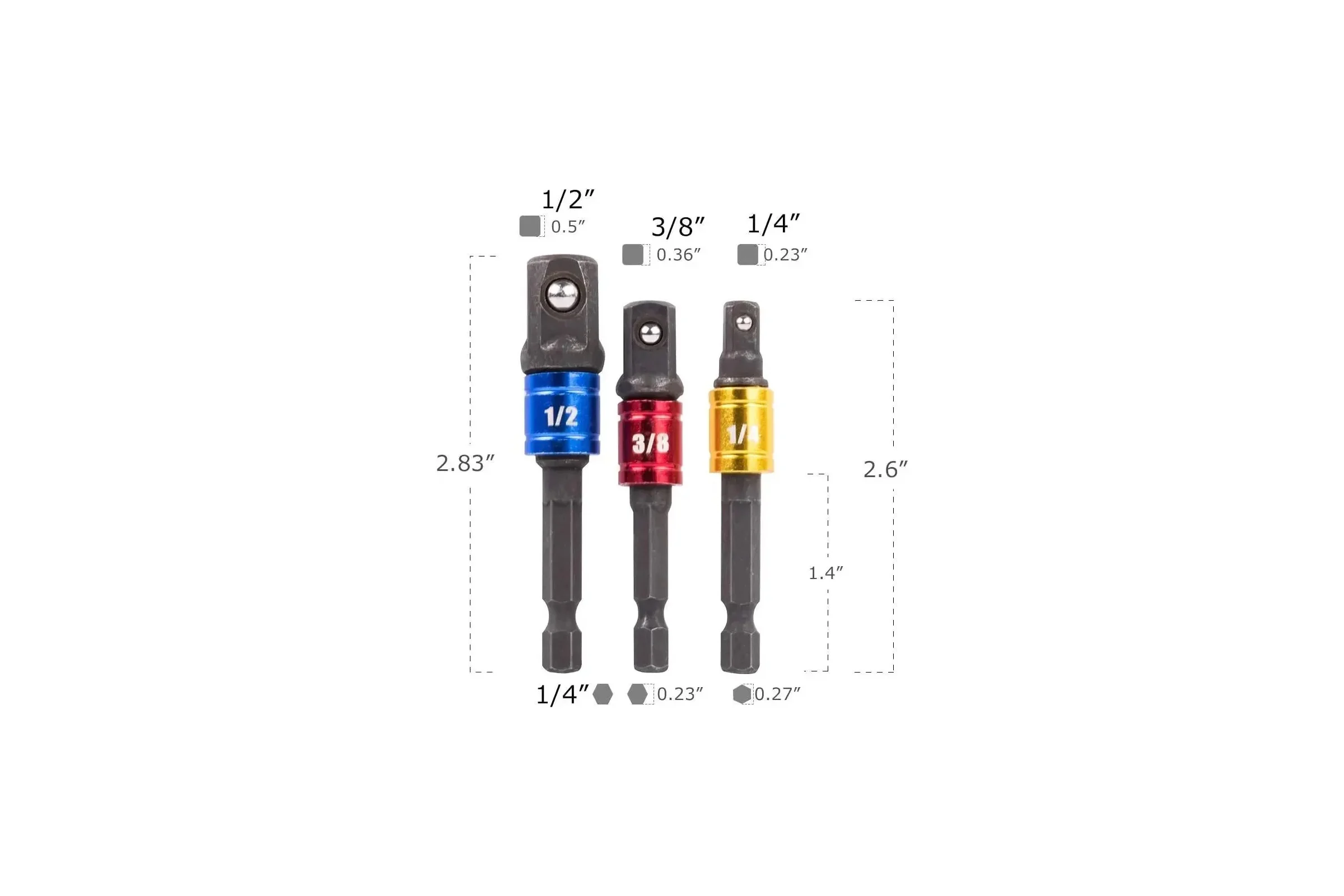Переходники для шуруповерта под торцевые головки 1/4"DR, 3/8"DR, 1/2"DR, длина 73-65 мм, комплект 3 шт Vitatools perehodniki-pod-tortsevye-golovki-3