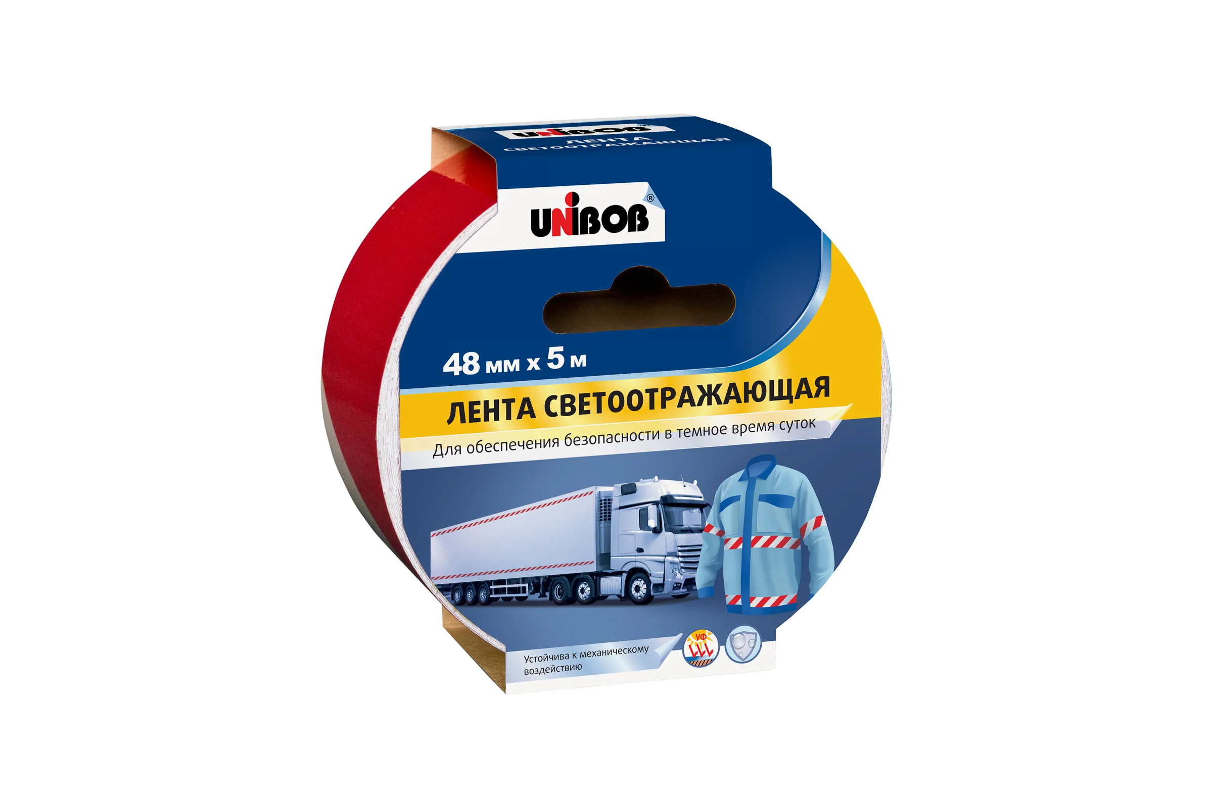 Клейкая лента UNIBOB разметочная, светоотражающая, 48 мм х 5 м, Красно Белая 214946