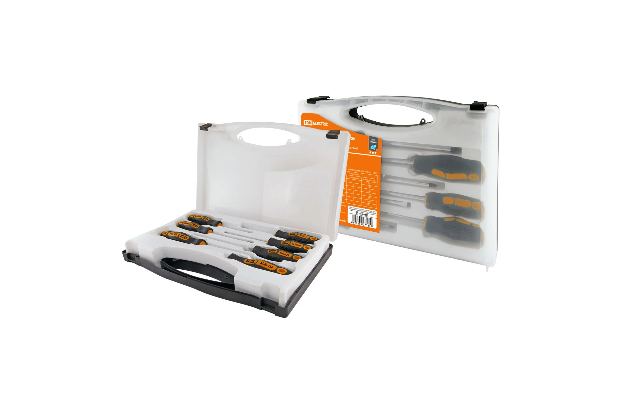 Набор отверток TDM ELECTRIC 7 штук в чемодане SL3х75;5х100;6х125;8х150, PH:0х75;PH1х100;PH2х125 серия "Алмаз" SQ1013-0206