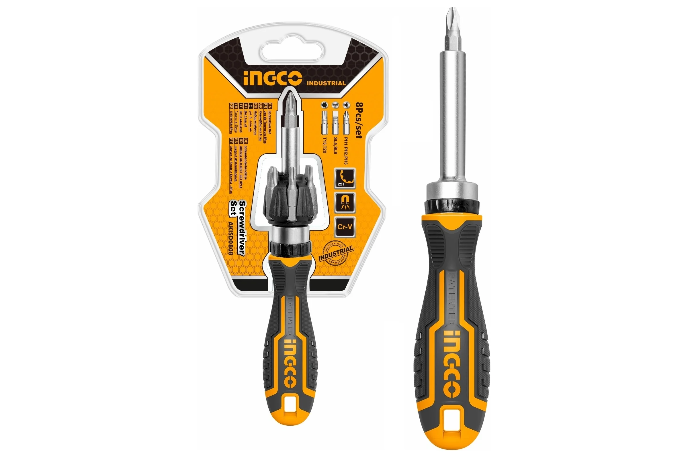 Трещоточная отвёртка с битами INGCO 8 шт INDUSTRIAL AKISD0808