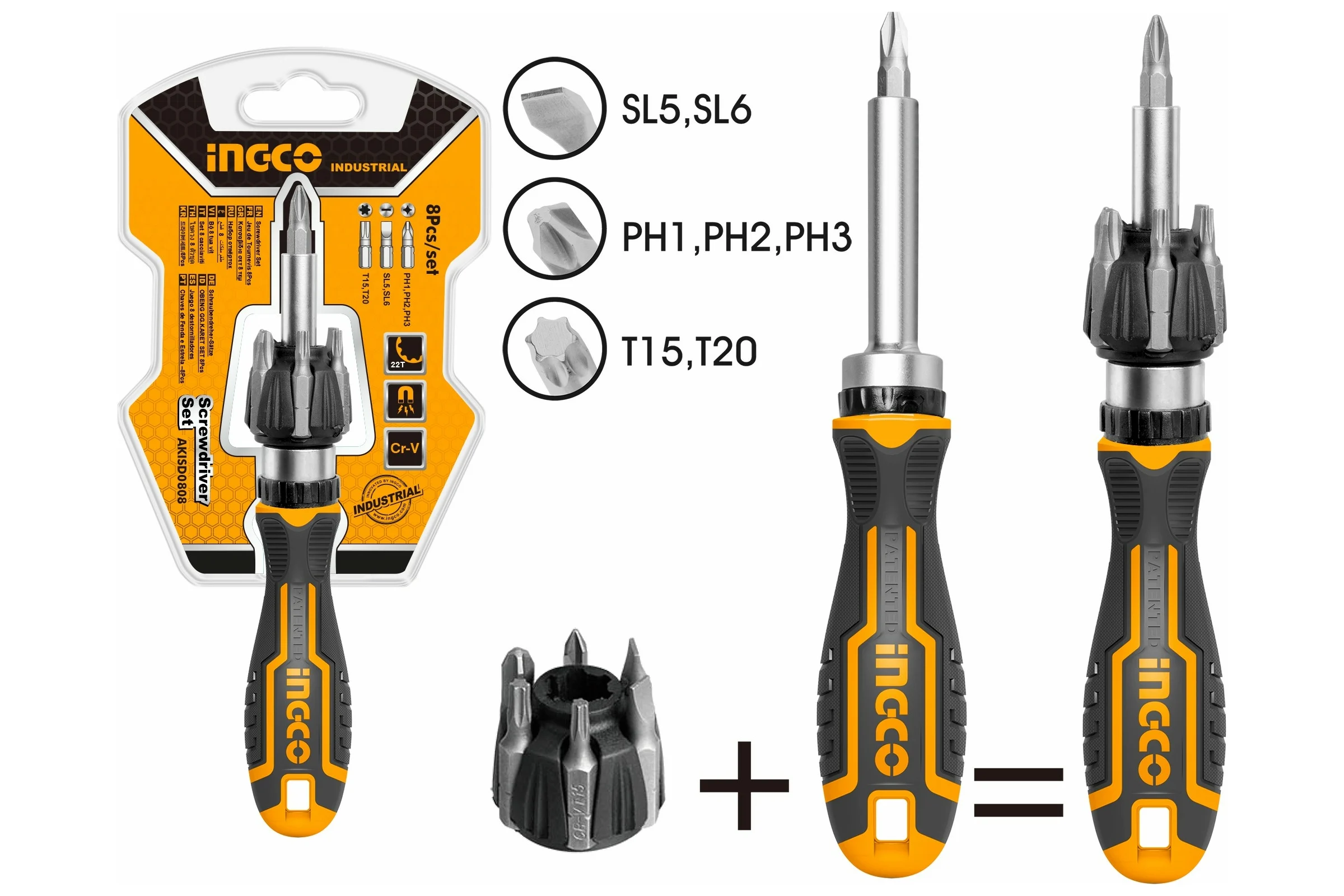 Трещоточная отвёртка с битами INGCO 8 шт INDUSTRIAL AKISD0808