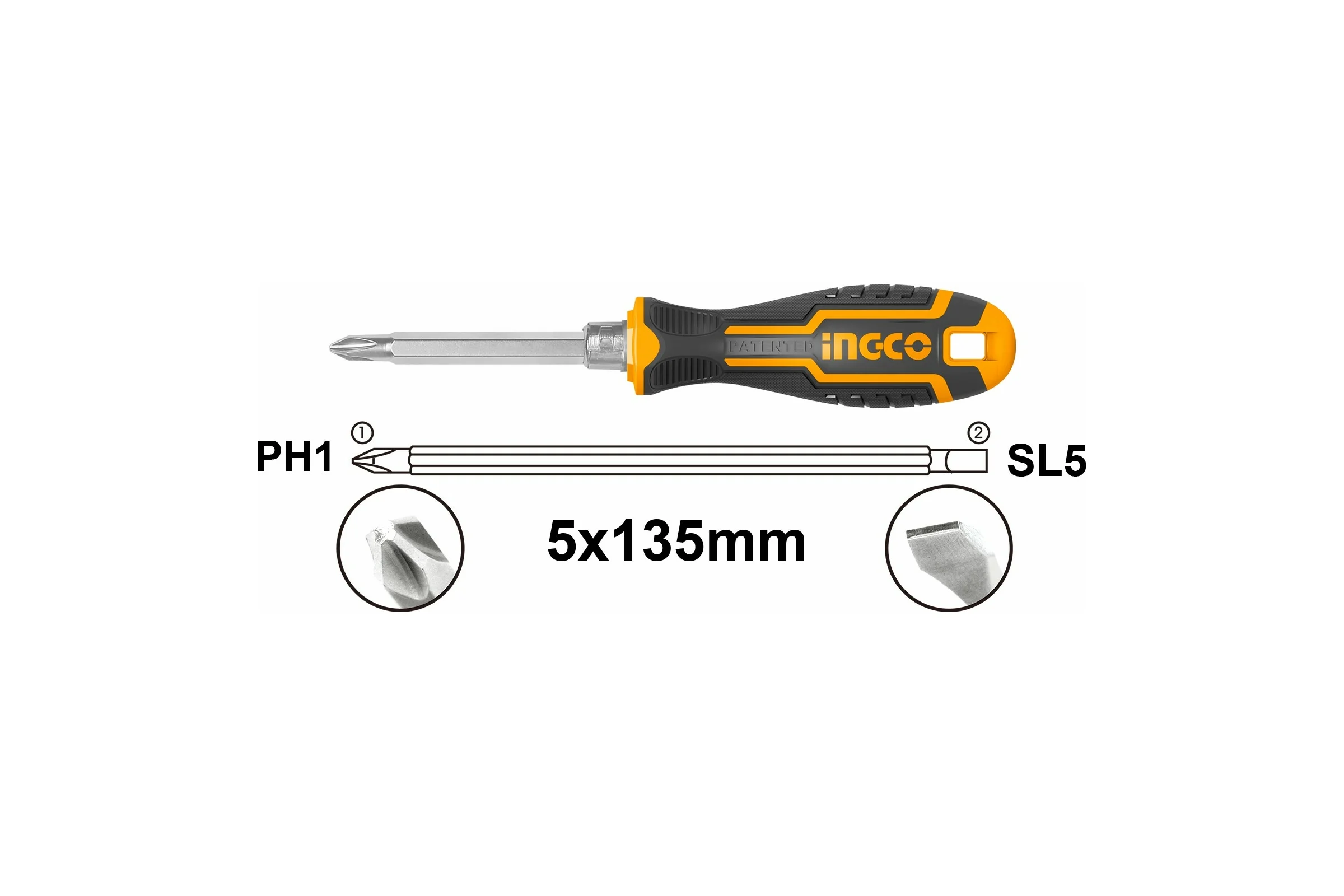 Двухсторонняя отвертка INGCO 2 в 1 SL5+PH1 INDUSTRIAL AKISD0203