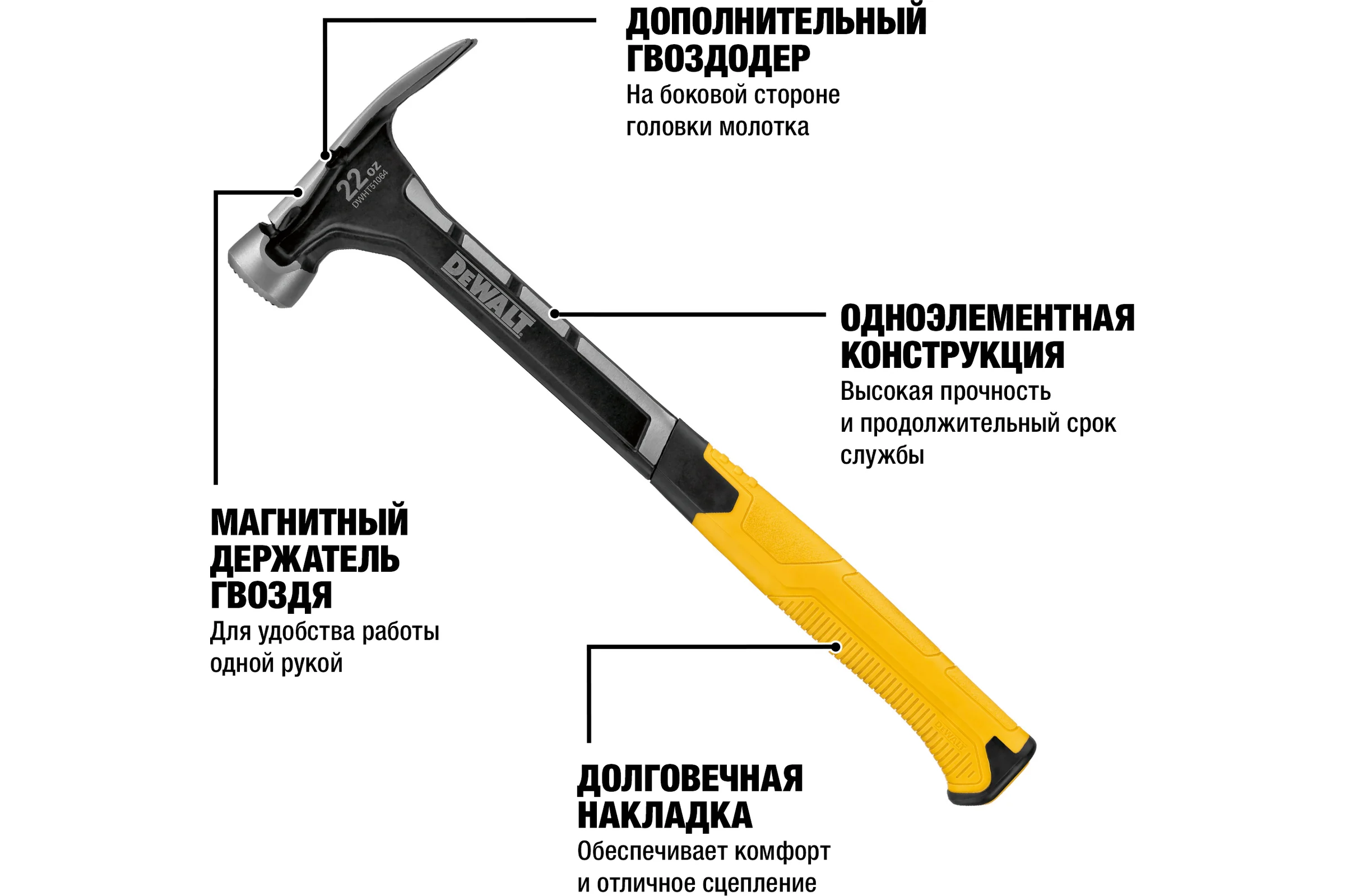 Молоток DEWALT одноэлементный, с прямым гвоздодером, 624 г DWHT0-51064