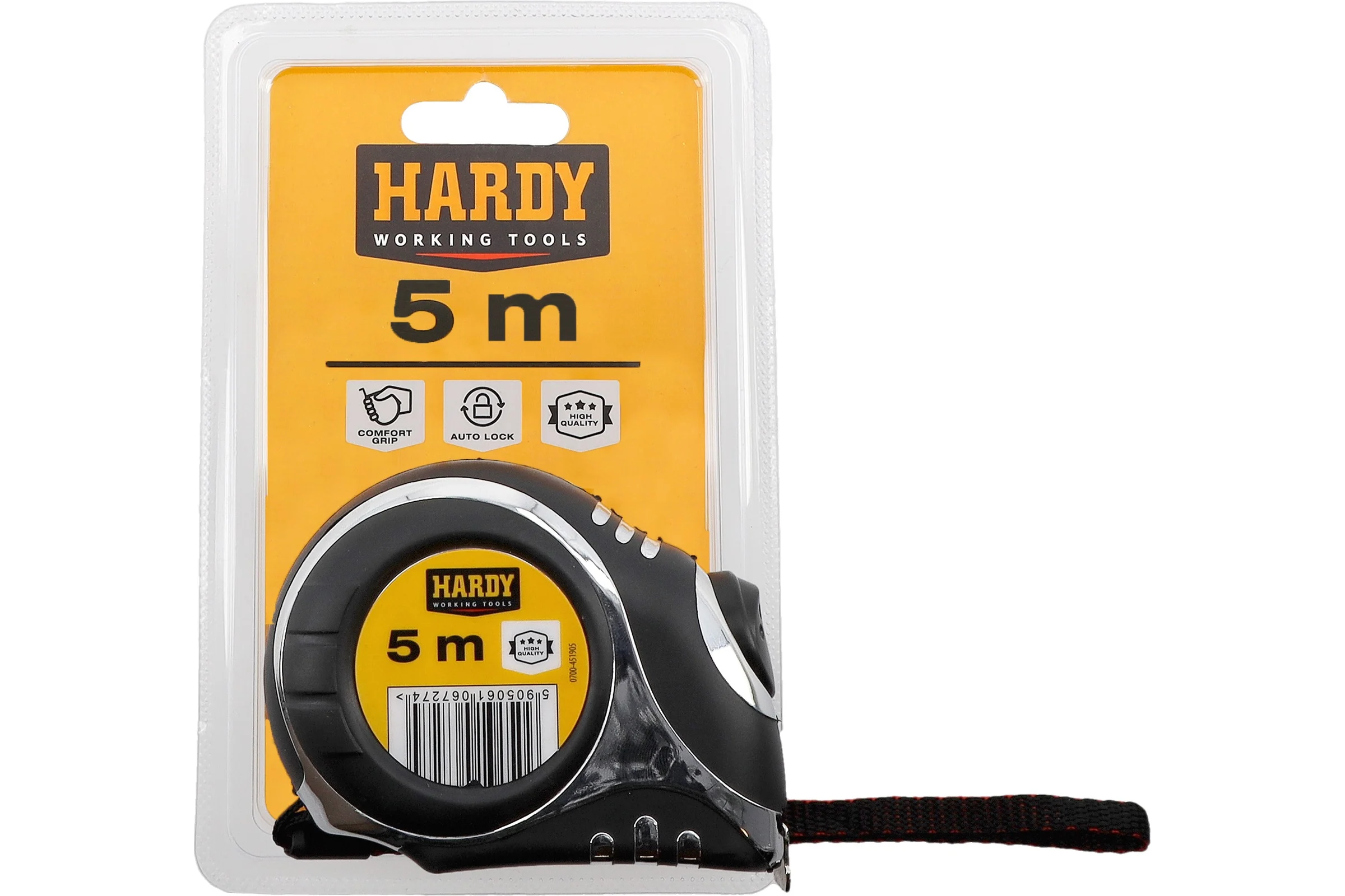 Рулетка HARDY с автоматическим фиксатором, 5м х 19мм, в блистере 0700-451905