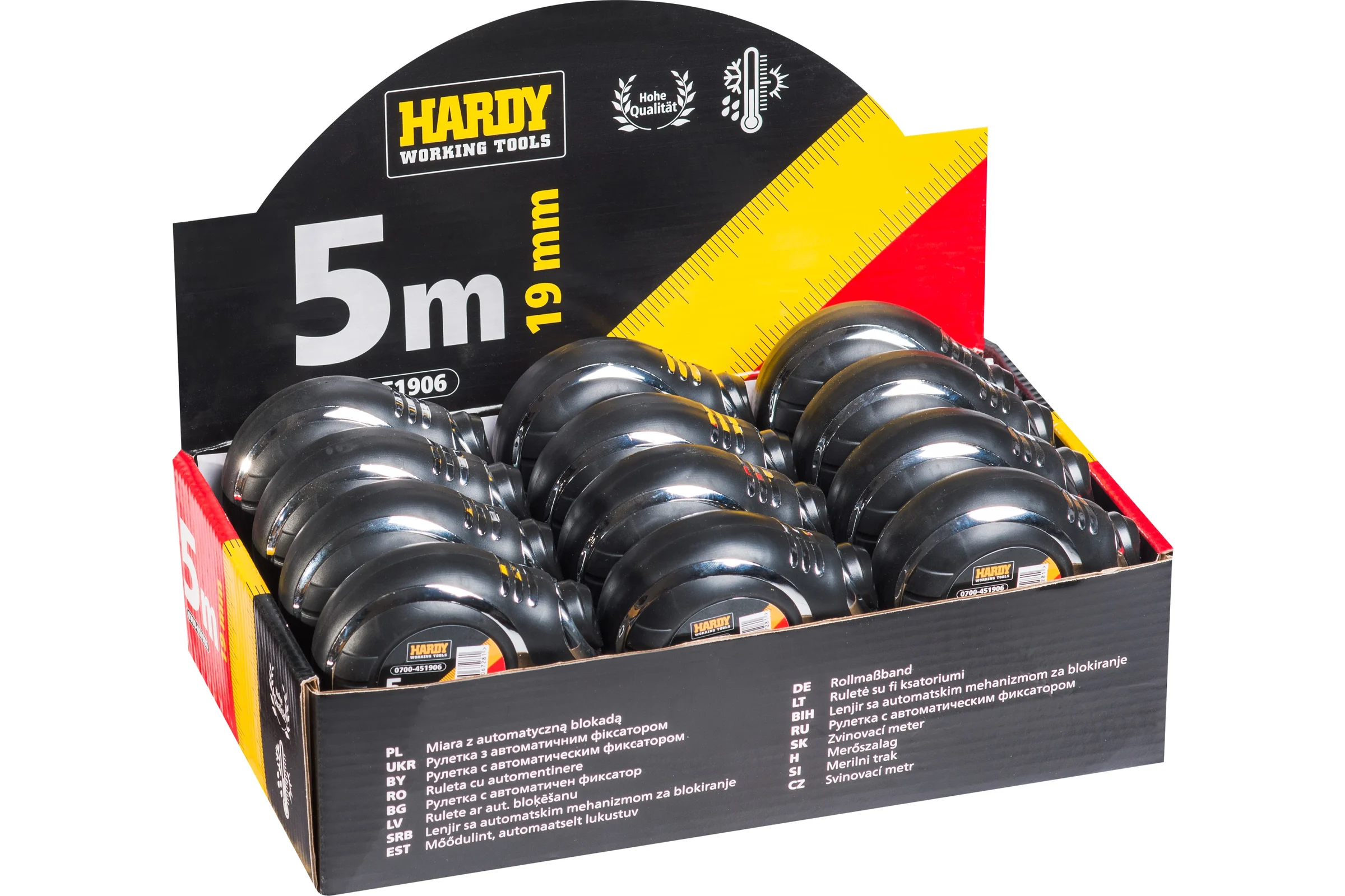 Рулетка HARDY с автоматическим фиксатором, 5м х 19мм, в блистере 0700-451905