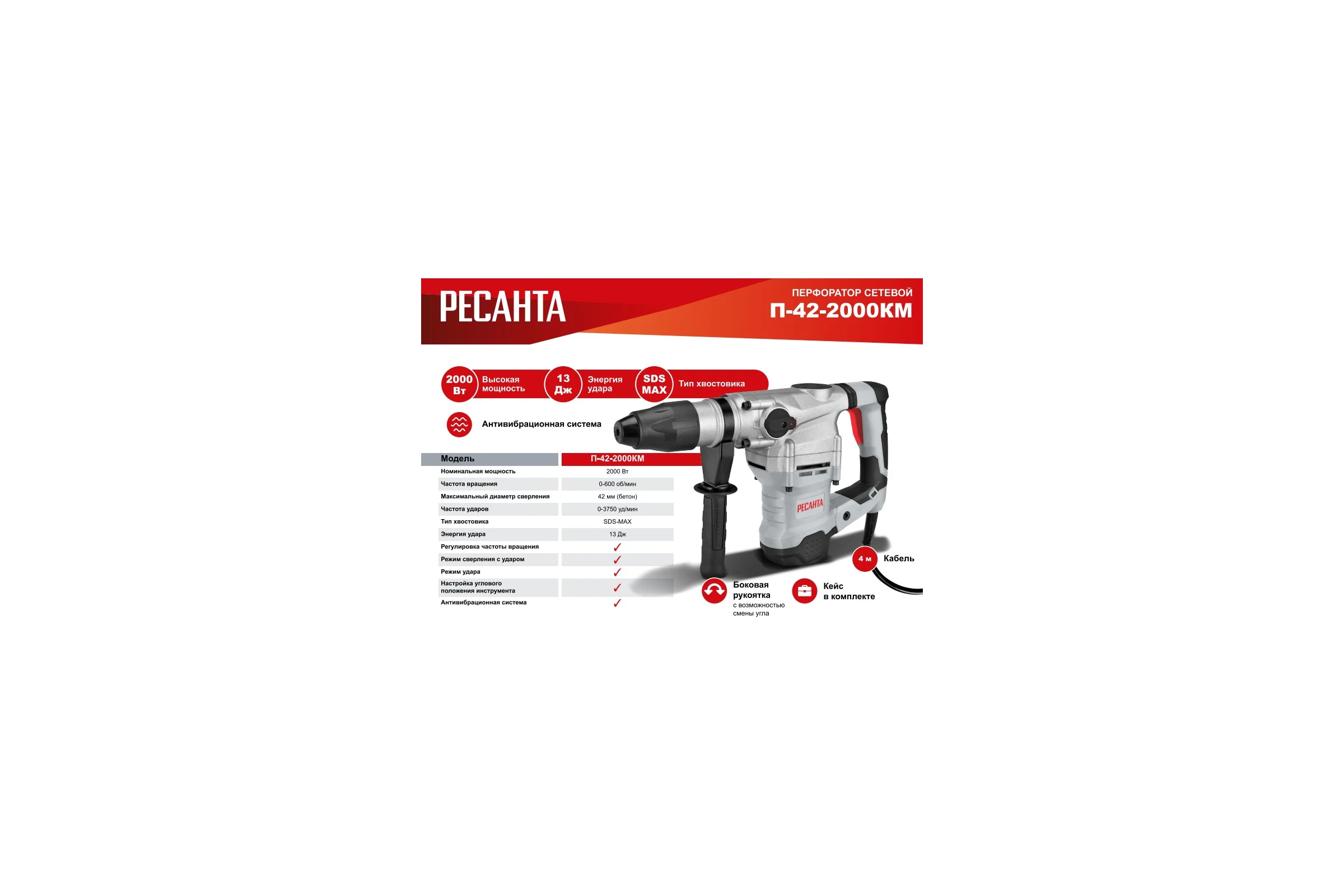 Перфоратор Ресанта П-42-2000КМ SDS-Max 75/3/13